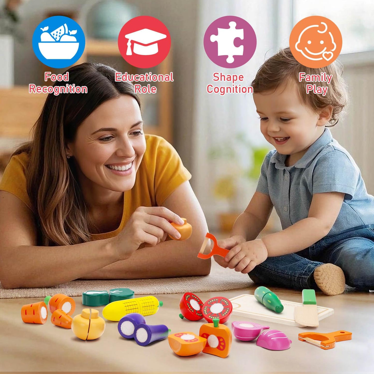 Wooden Play Food Set for Toddlers Toys Pretend Play Kitchen Accessories Veggies Cutting Set for Kids Gift for Boys Girls Montessori Educational Toys