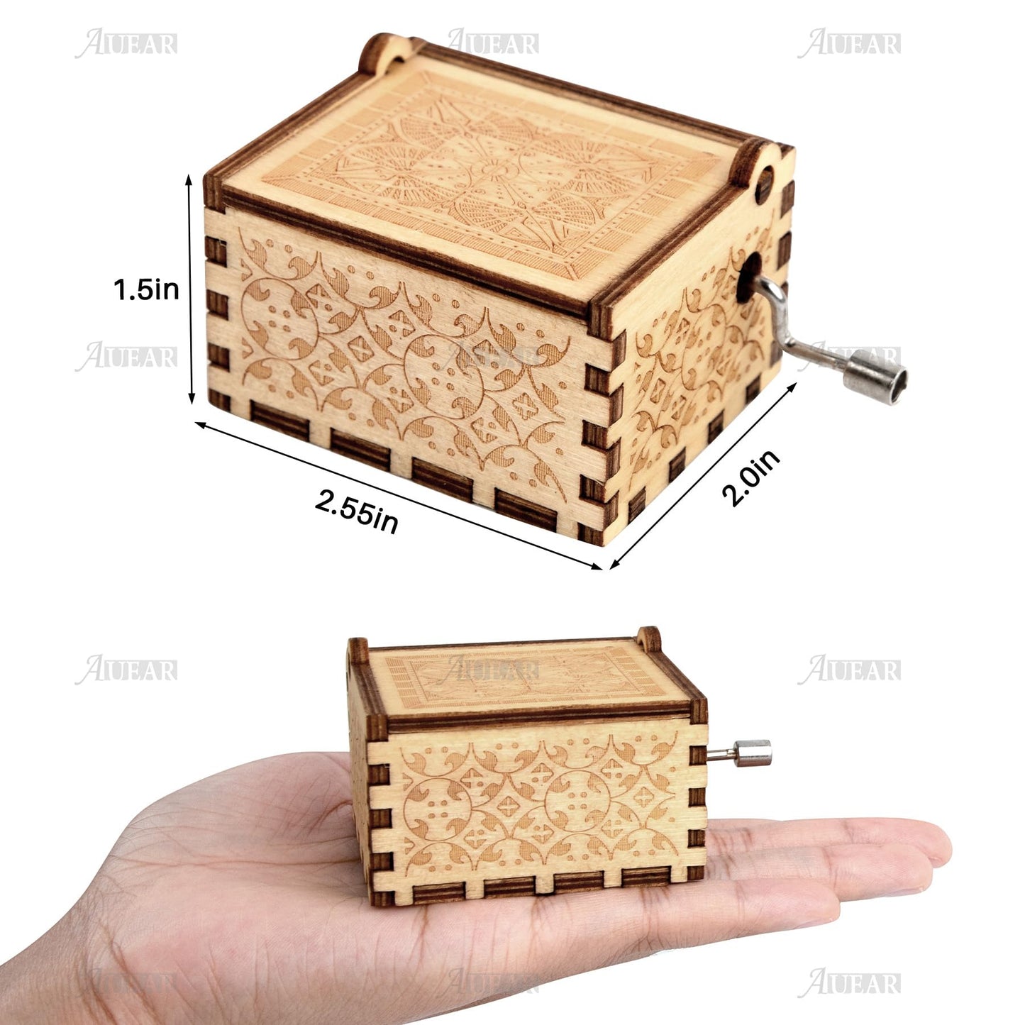 AUEAR, Over The Rainbow Wooden Music Box Hand Crank Laser Engraved Vintage Musical Small Unique Gift for Birthday Wedding Christmas Valentines Day (Style D)