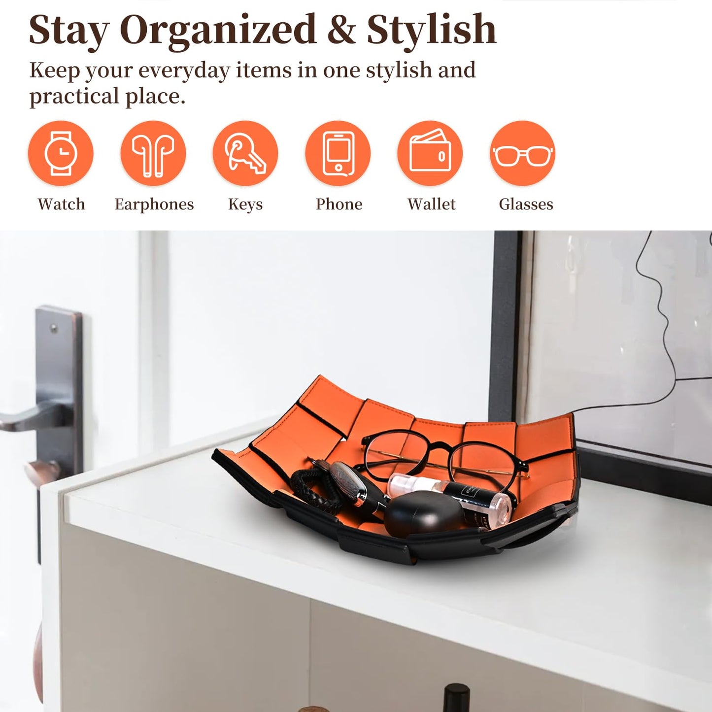 MSJGA Valet Tray PU Leather Key Holder Bowl for Women and Men Entryway Table Nightstand Desk Tray for Wallet, Keys Men's Gift - Orange & Black, 9.8" L x 9.8" W x 2" H