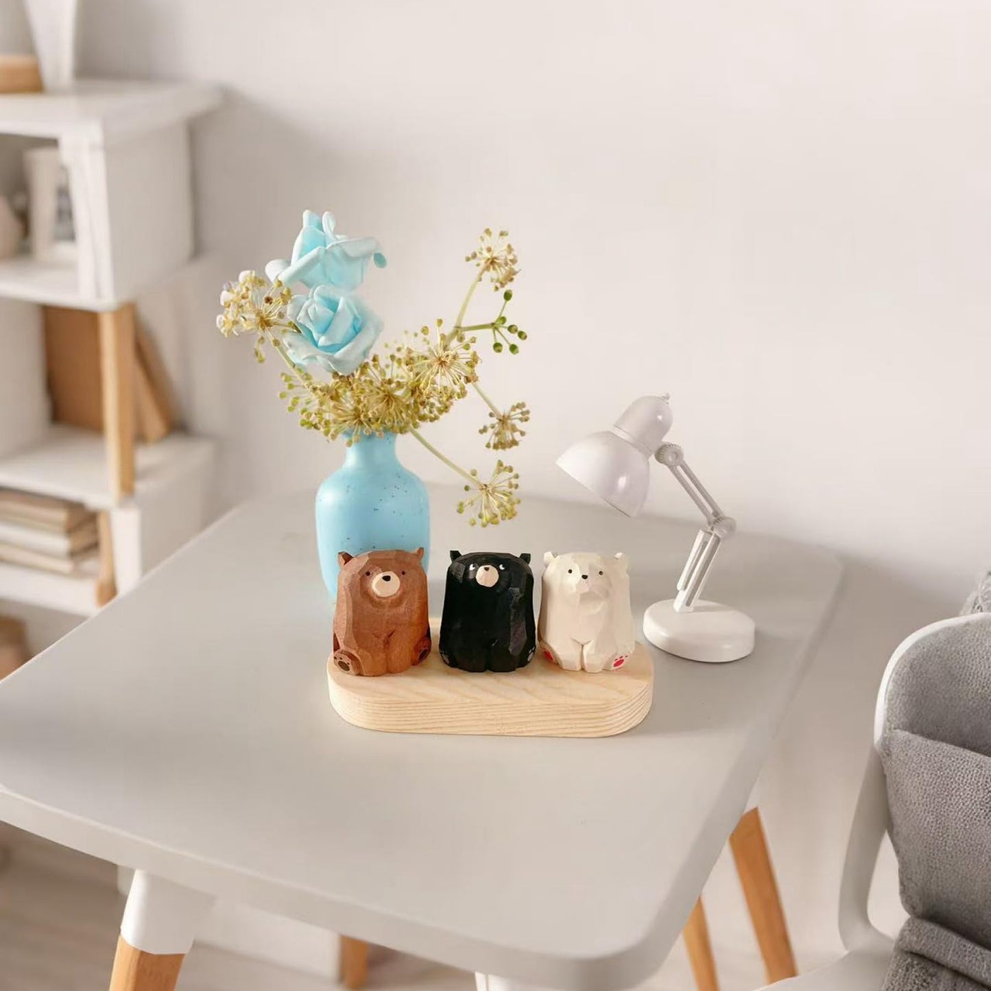 ShaoAngDuoMi Small Sitting Wooden Bear Figurines, 3-Pack – Hand-Carved Brown, Polar & Black Bears, 1.4" Cute Desk & Monitor Top Decor, Gift for Animal Lovers