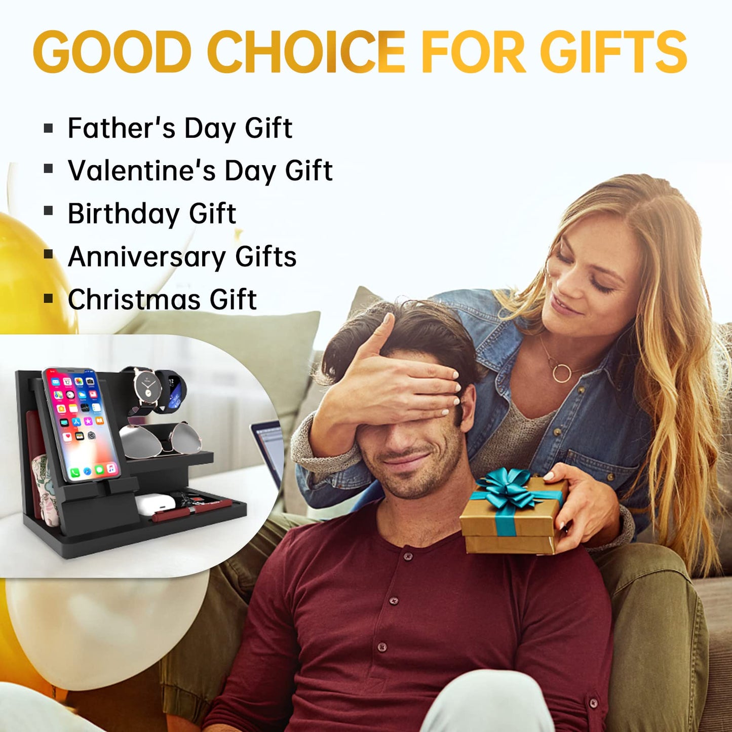 Iswabard Gifts for Men Wood Phone Docking Station Birthday Gift for Men Valentines Day Gifts Father Gift for Him Boyfriend Nightstand Organizer Desktop Phone Stand Black