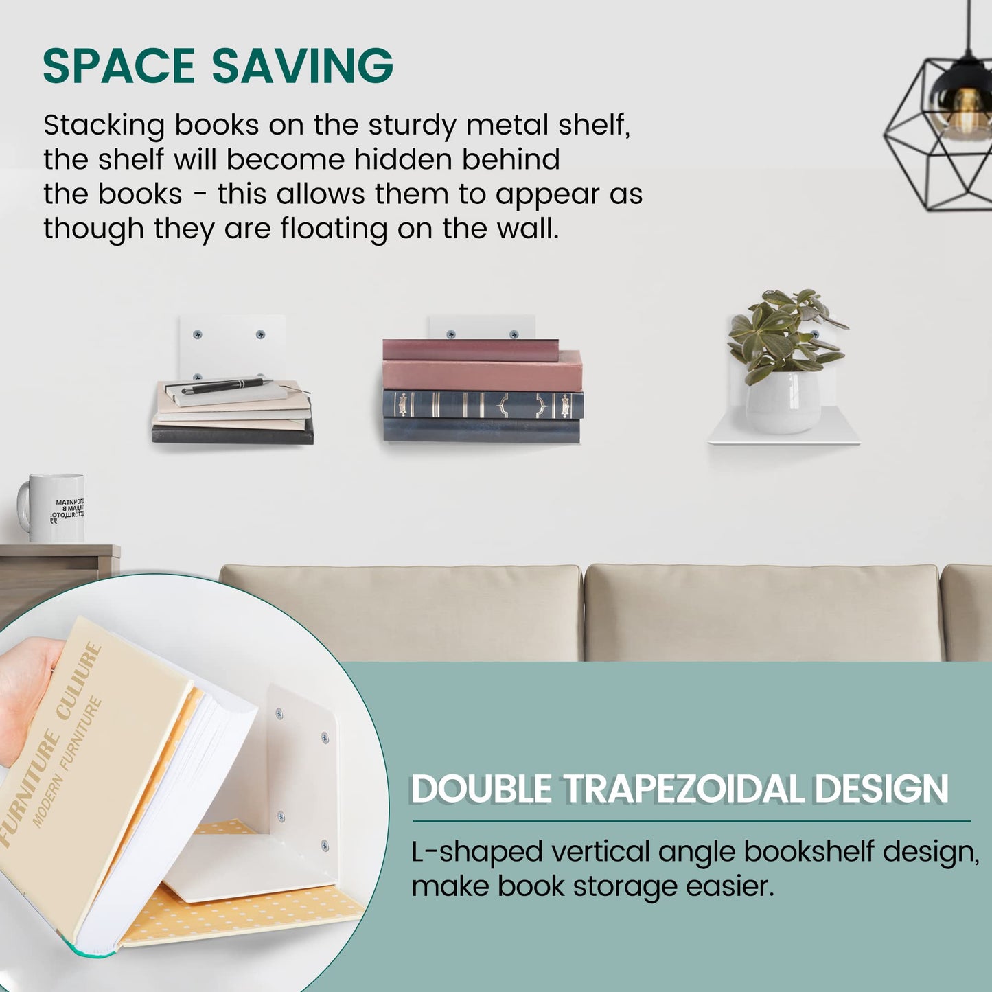 STORAGE MANIAC Floating Book Shelves for Wall Mounted Invisible Floating Bookshelves Heavy-Duty Steel Hidden Bookshelf Hanging Bookshelves for Bedroom Living Room Office, White 4-Pack Large