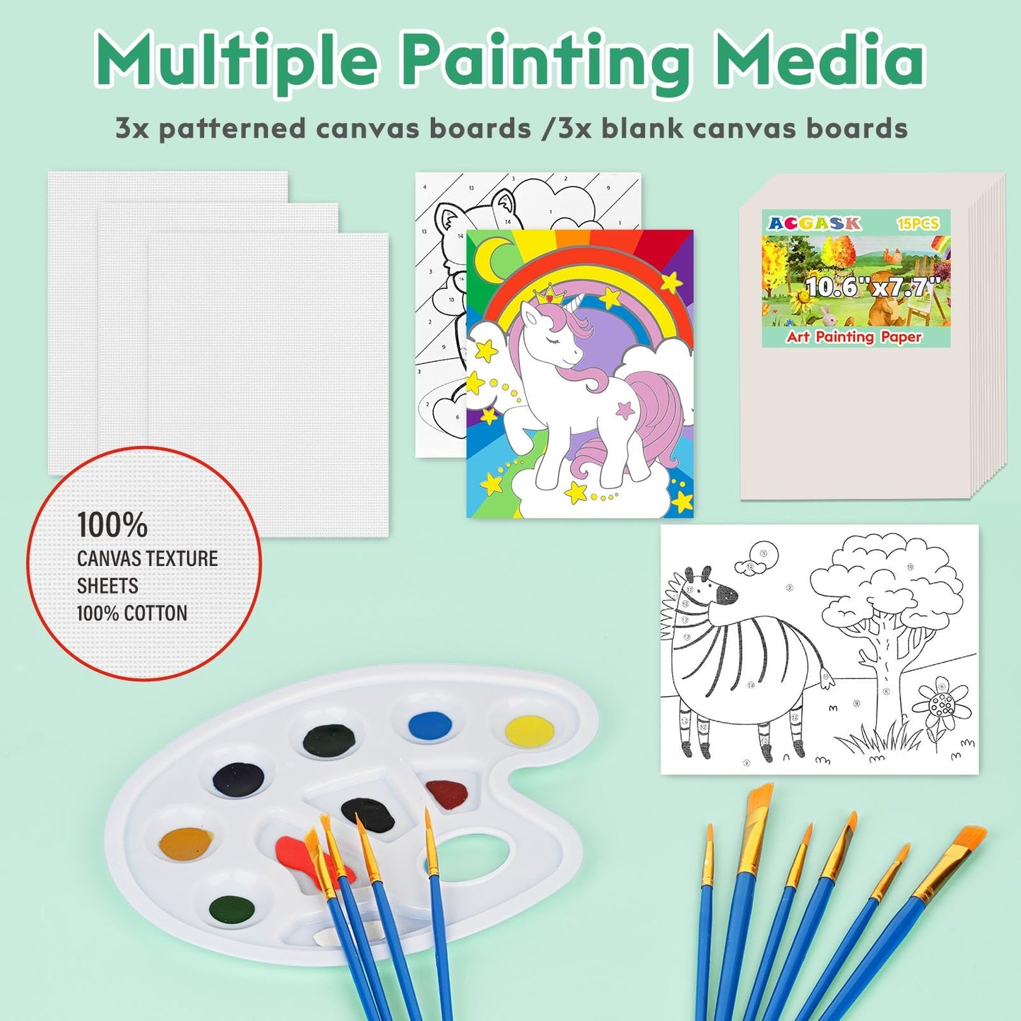 ACGASK 43 Pieces Acrylic Painting Kits for Kids,Non Toxic Arts Supplies and Paint Set for Kids with 6 Canvas Panels,24 Color Paints,15 Paper pad,Table Easels,10 Brushes Etc,Painting Kit Gift