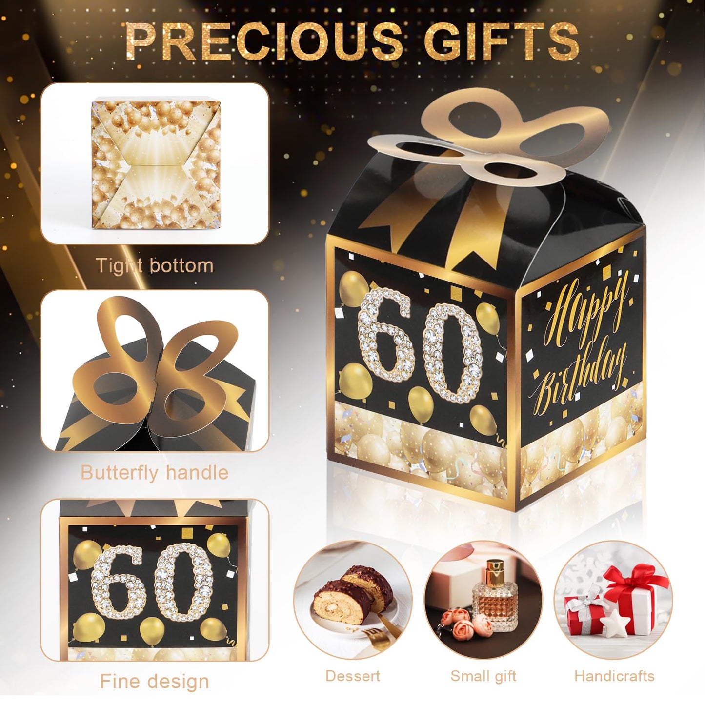 Qonmpcvu Square Boxes For Gifts, Black And Gold Decorations Box,60th Birthday Favor Bags, 60th Party Favors Gifts Box, Favor Boxes For Party, Black And Gold Happy Birthday Bags With Candy (BLACK Gold, M)