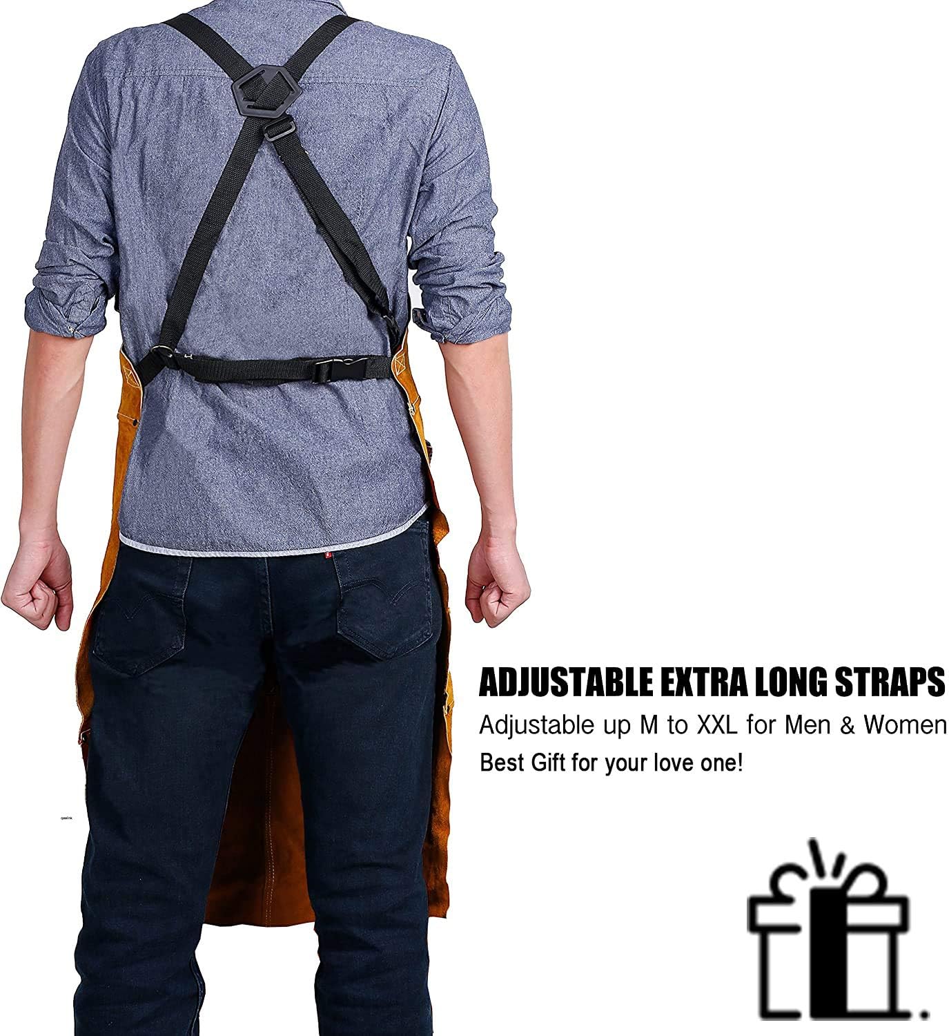 QeeLink Leather Welding Work Shop Apron with 6 Tool Pockets, Heat & Flame Resistant Cowhide Heavy Duty Blacksmith Apron, 24" x 36", Adjustable M to XXXL for Men & Women (Brown)