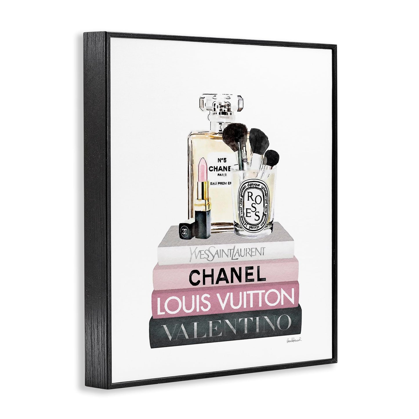 Stupell Industries 'Cosmetics on Pink Books', Framed Giclee Art, Black, 11 x 14 Inches, Easy to Hang and Sturdy, Made in USA, by Amanda Greenwood