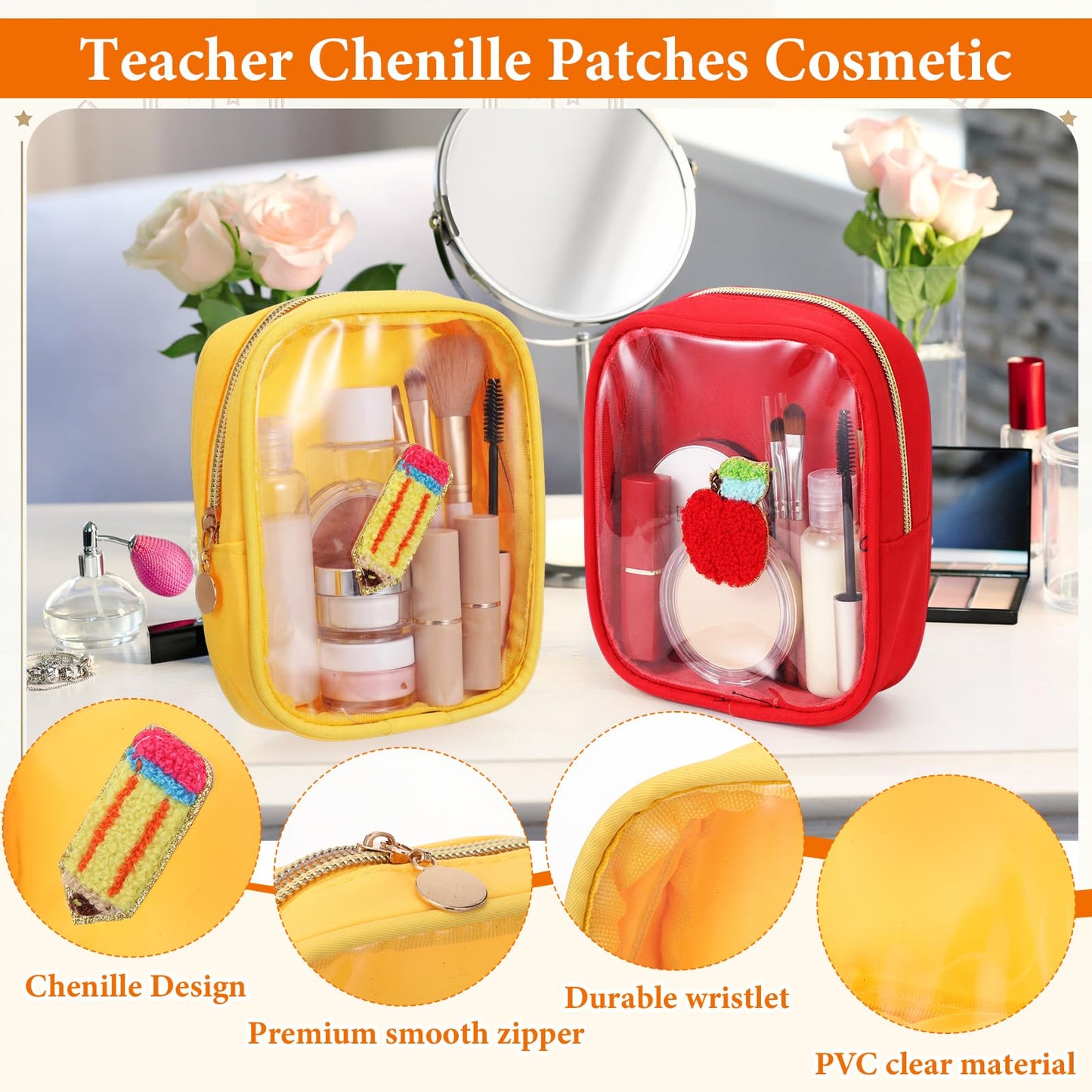 Sunnymove 12 Pcs Teacher Appreciation Gifts Bulk – Clear Makeup Bag Pouch with Chenille Patches and Zipper, Teacher Pencil Pouch Survival Kit, Graduation Retirement Teachers Thank You Gifts for Women