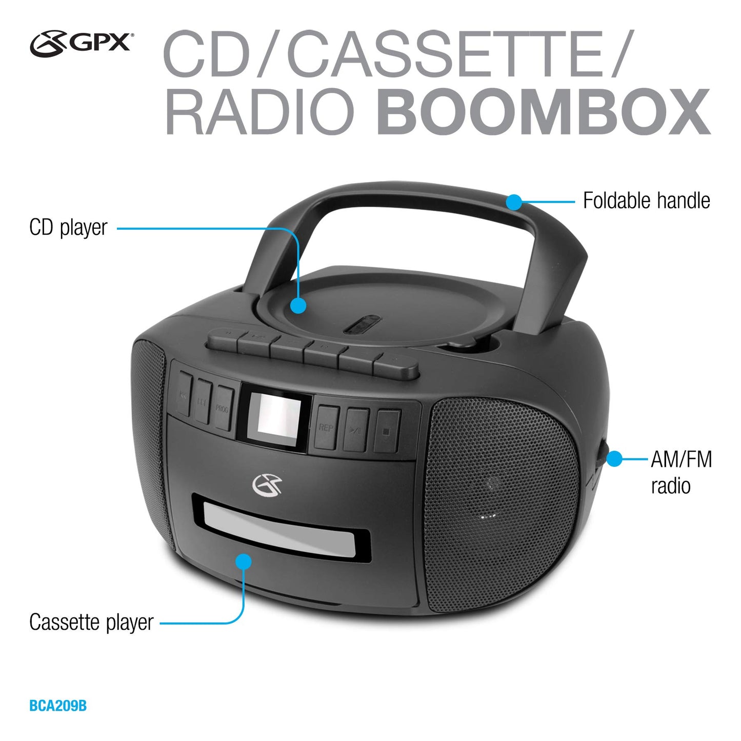 GPX BCA209B Portable Am/FM Boombox with CD and Cassette Player, Black