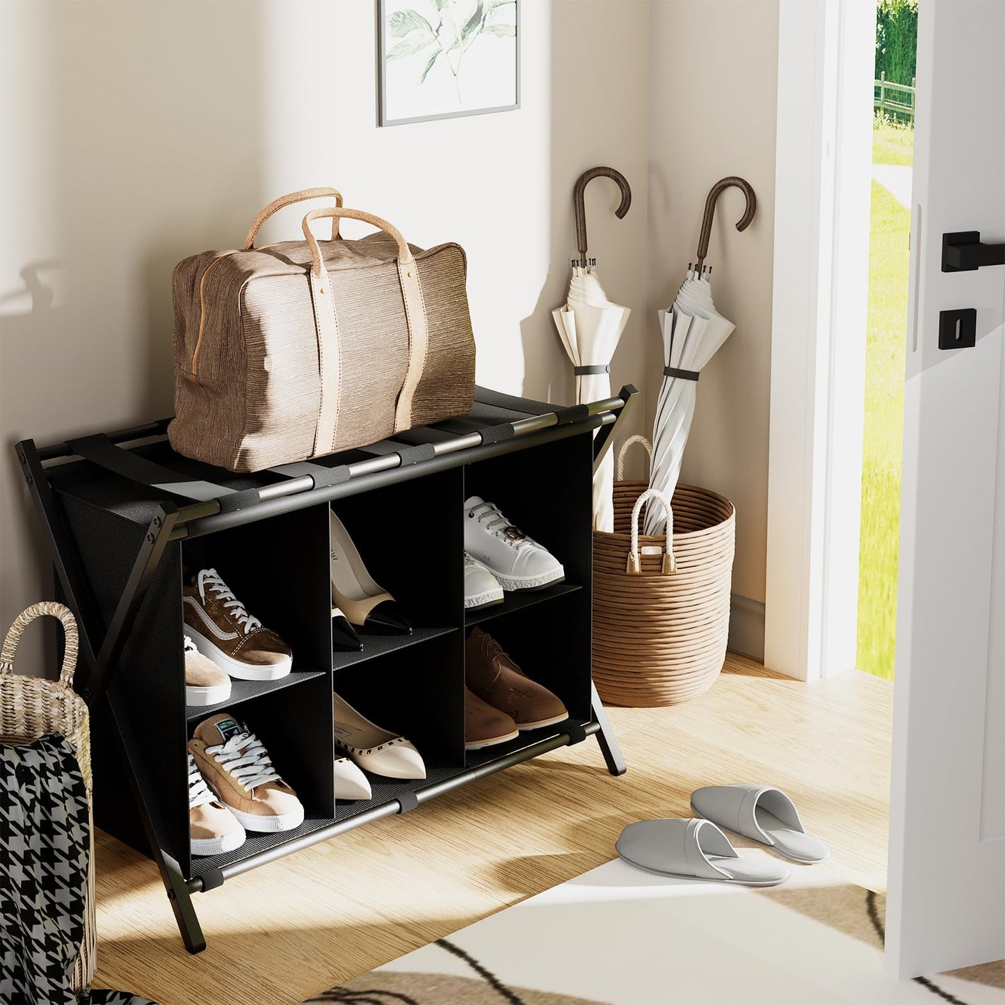 Huhote Luggage Rack for Guest Room, Folding Suitcase Stand with 6-Cube Fabric Storage Shelf, Luggage Holder, Steel Foldable Luggage Stand for Guest Room, Bedroom, Hotel, Black