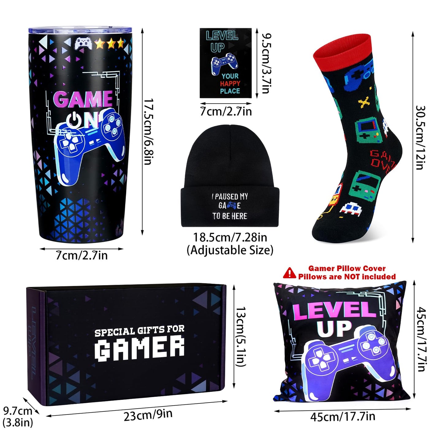 ANOTION Valentines Day Gamer Gifts for Him-5PCS Gaming Gift Set for Boyfriend Teen Boys Men - 20oz Insulated Tumbler, Beanie, Socks, Pillowcase, Card, Gaming Gifts Box for Teenage Boys