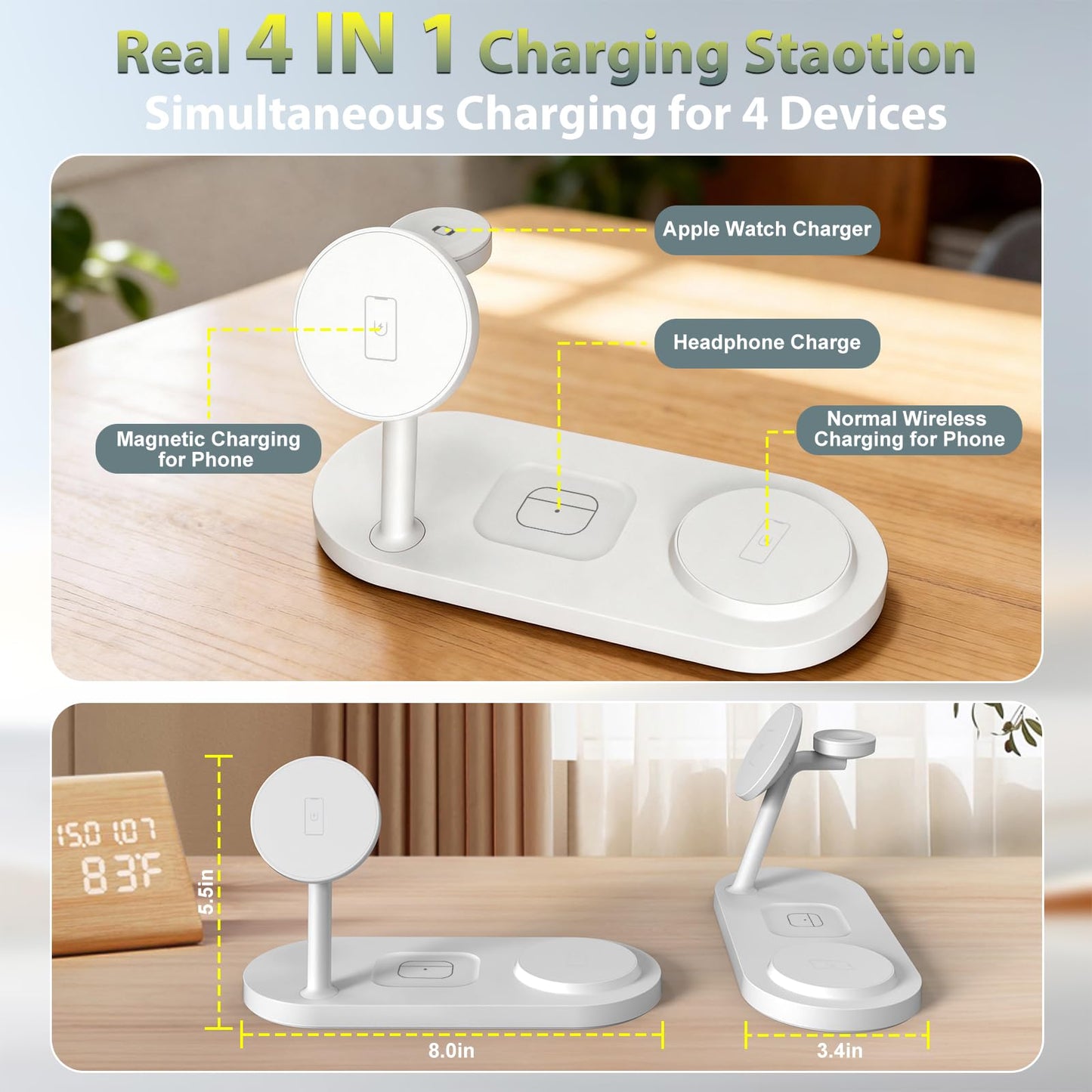 Dual Phone Wireless Charger, 30W Magnetic 4 in 1 Charging Station for Apple Devices, Charging Stand for iPhone 17/16/15/14/13/12 Series, Support for Apple Watch11/10 for AirPods4