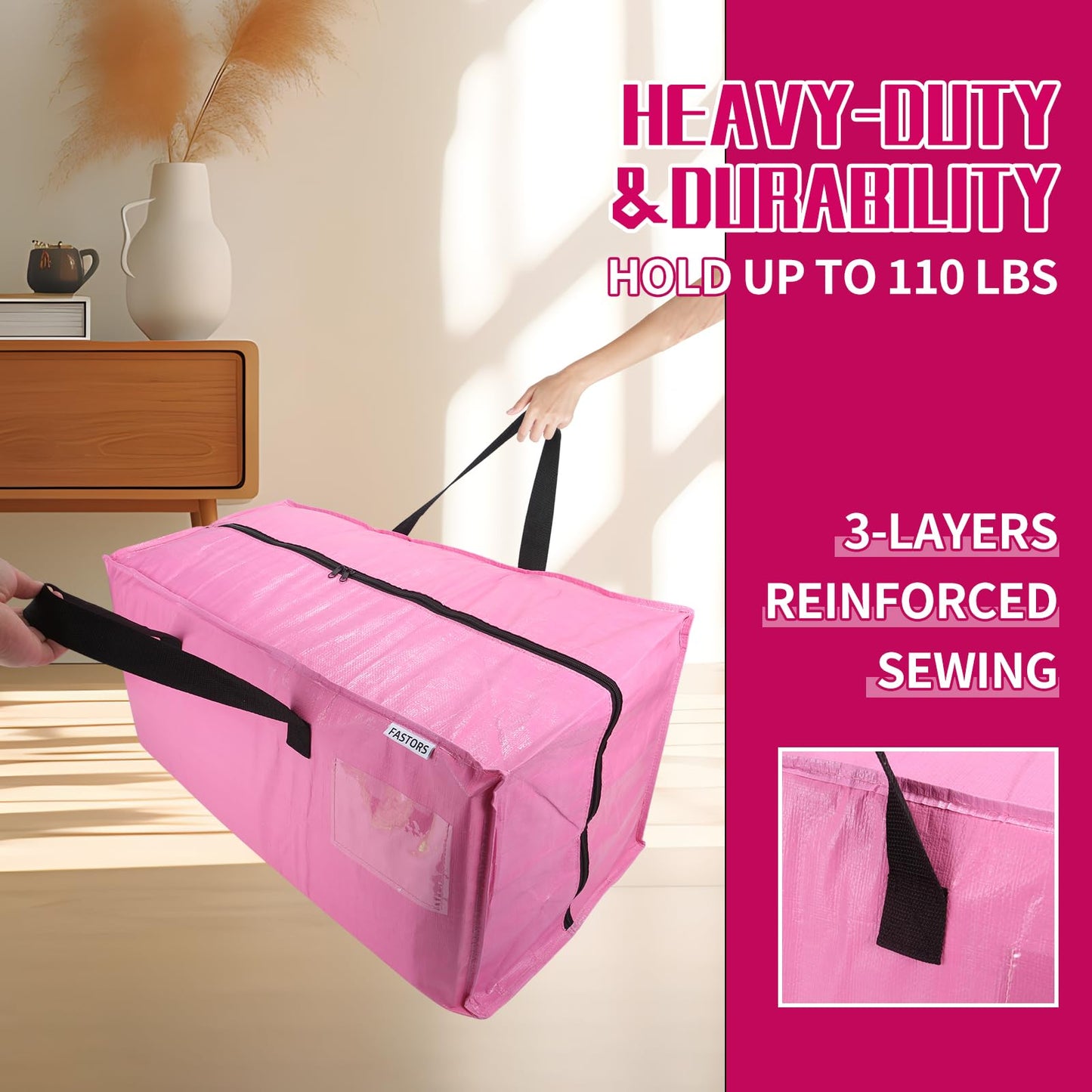 FASTORS 6-Pack Moving Bags,Heavy Duty Large Storage Bags with Zippers & Backpack Straps,Space Saver Bags are Packing Supplies for Moving & Travel,Alternative to Moving Boxes(Pink)