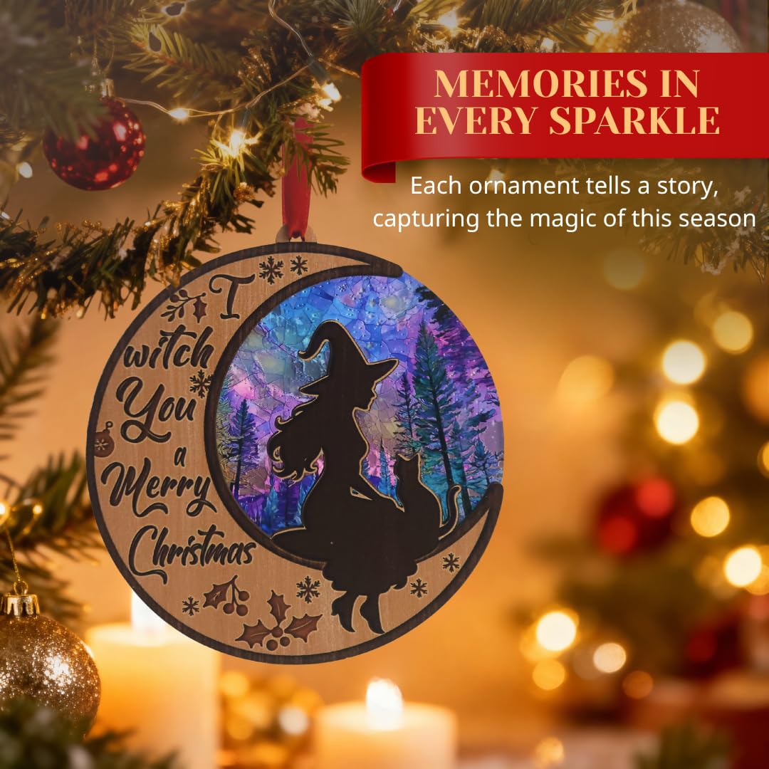 Witchy Christmas Ornaments, Shatterproof 3D Wood and Acrylic Witch Ornament on Crescent Moon, Magical and Gothic Holiday Decoration for Christmas Tree, Unique Spiritual Gift for Women, Friends
