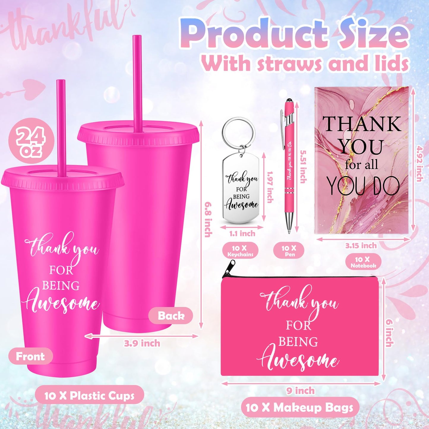 Funnymoom 50 Pcs Employee Appreciation Gift for Women 24 oz Thank You Plastic Tumbler with Inspirational Notepads Ballpoint Pens Makeup Bag Keychain Professional Gifts for Coworker Holiday