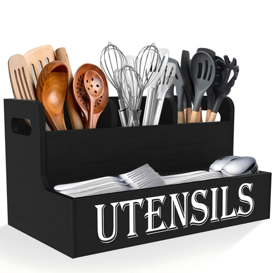 Suli Kitchen Utensils Holder, Wooden Utensil Organizer for Kitchen Countertop, Farmhouse Utensil Storage, Rustic Cooking Utensils ,4 Compartments,- Black