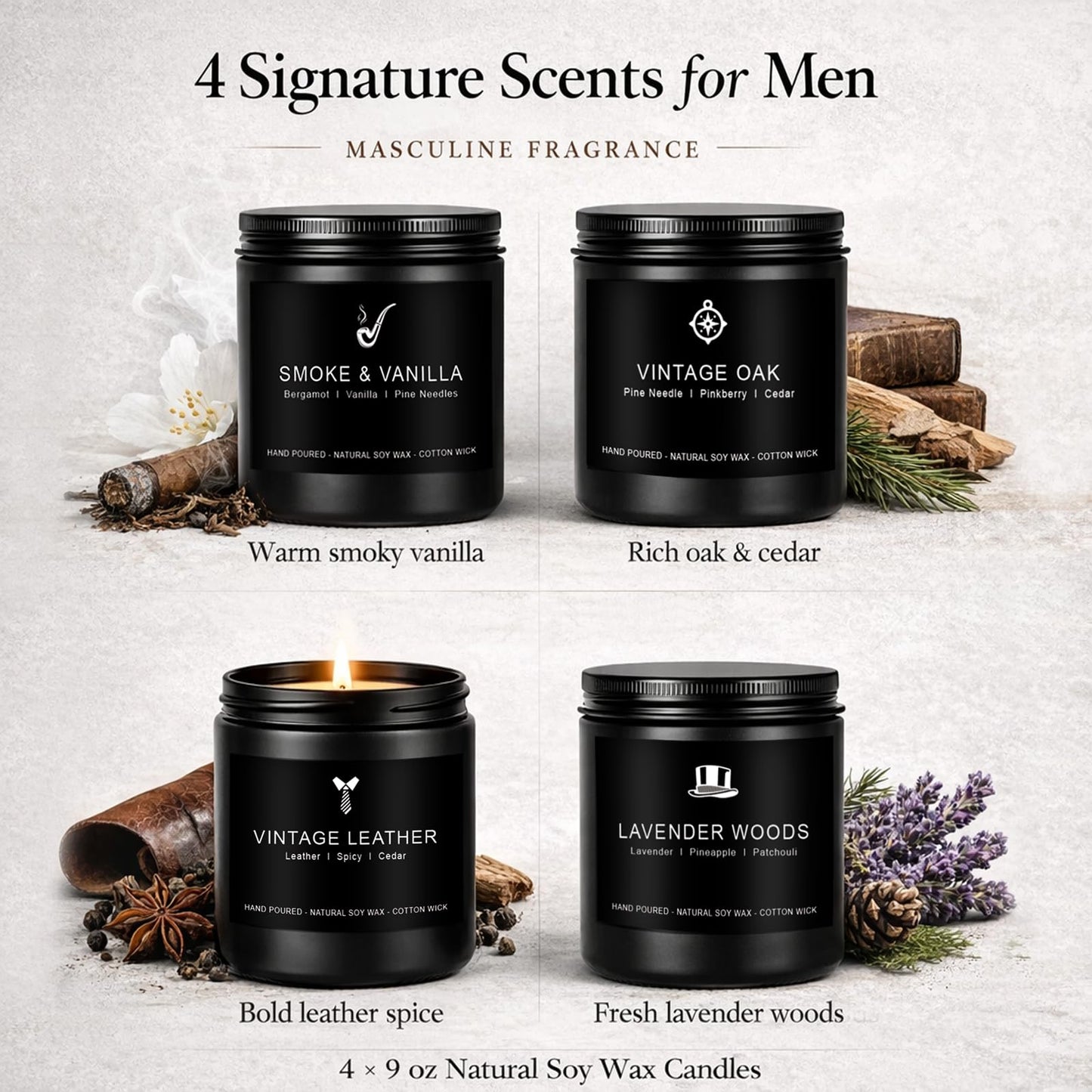 Candles for Men Gift Set, 4 Pack Masculine Scented Soy Candles for Men, Leather, Smoke, Oak & Lavender Scents, Aromatherapy Candle Gift Set for Dad, Husband, Boyfriend, Birthday & Father’s Day Gifts