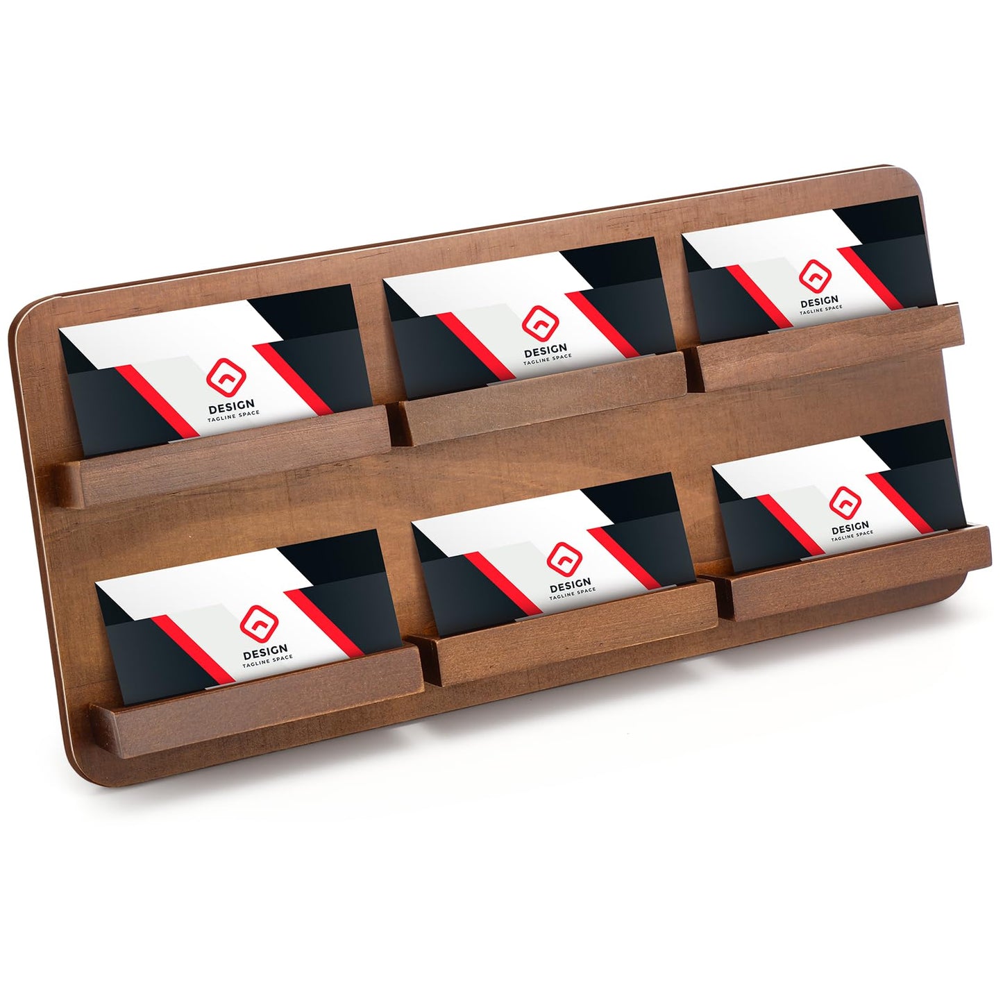 Leinuosen 2 Tie Wood Business Card Holder for Desk 6 Slot Multiple Business Card Organizer Desktop Cards Display Stand Storage Detachable for Office Exhibition Meeting Home Men Women, 13 x 6.3 Inch