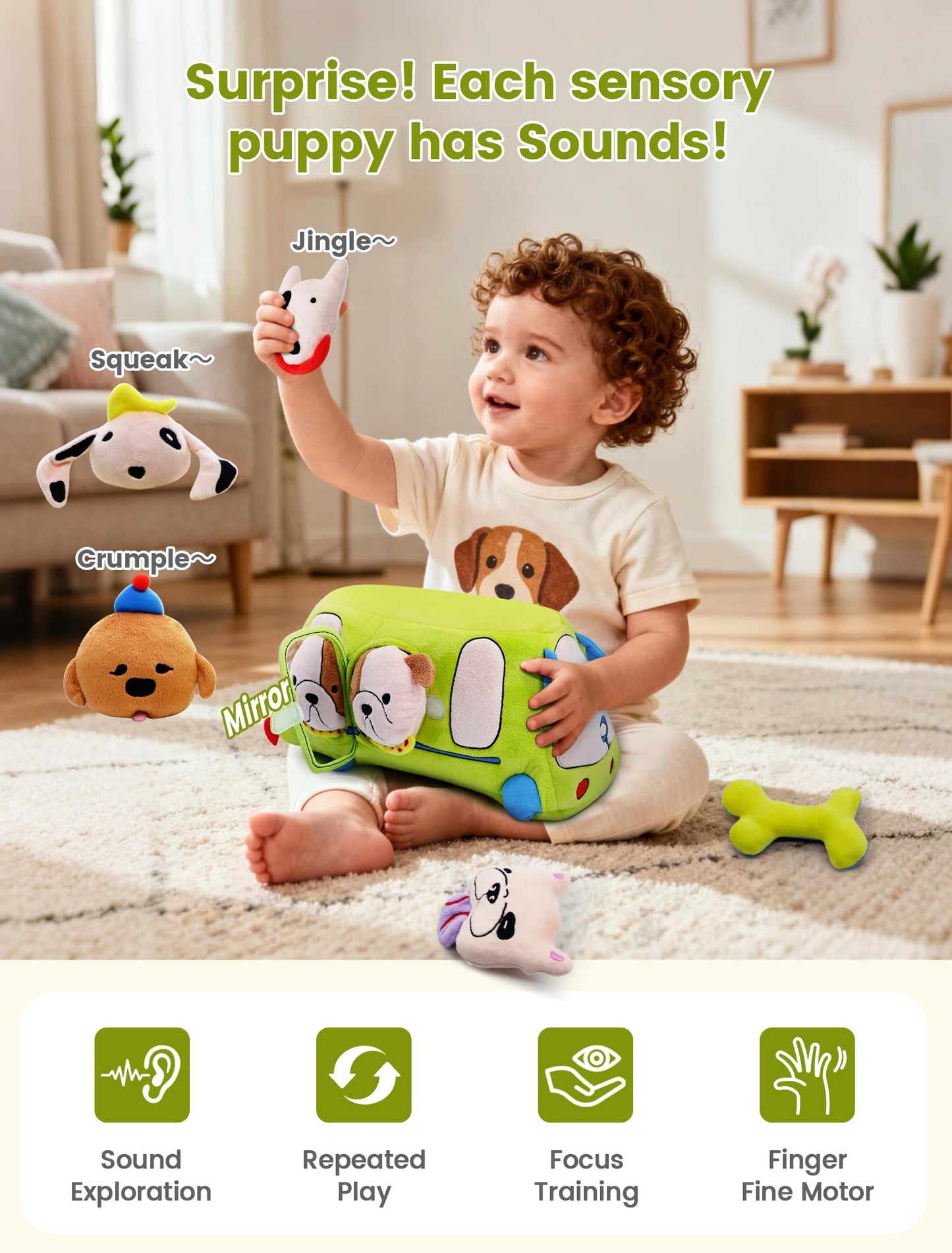 BizyKoady Baby Toys 6-12 Months - Sensory Toys Bus with Stuffed Puppies, Rattle, Crinkle Paper, Mirror & Squeaker, Montessori Toys for 6 Month Old Babies, Sensory Balls Toddlers 1-3