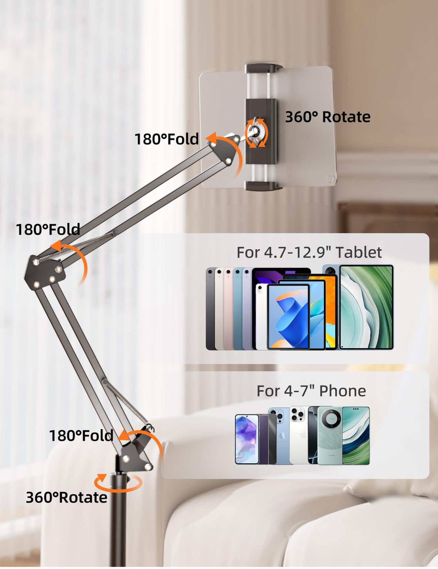 Tablet Floor Stand with 4.5LB Heavy Metal Base,Overhead Bed Phone Stand Angle Height Adjustable Holder, Universal Phone Mount for iPad iPhone Pro Air Mini, Samsung Tab, Kindle, E-Readers...
