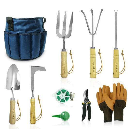Natury Garden Tools Set – Premium Stainless Steel Gardening Hand Tools with Solid Beechwood Handle – Gardening Kit with Rake, Shovel, Gloves, Shears, Tool Organizer – Garden Gifts for Women and Men