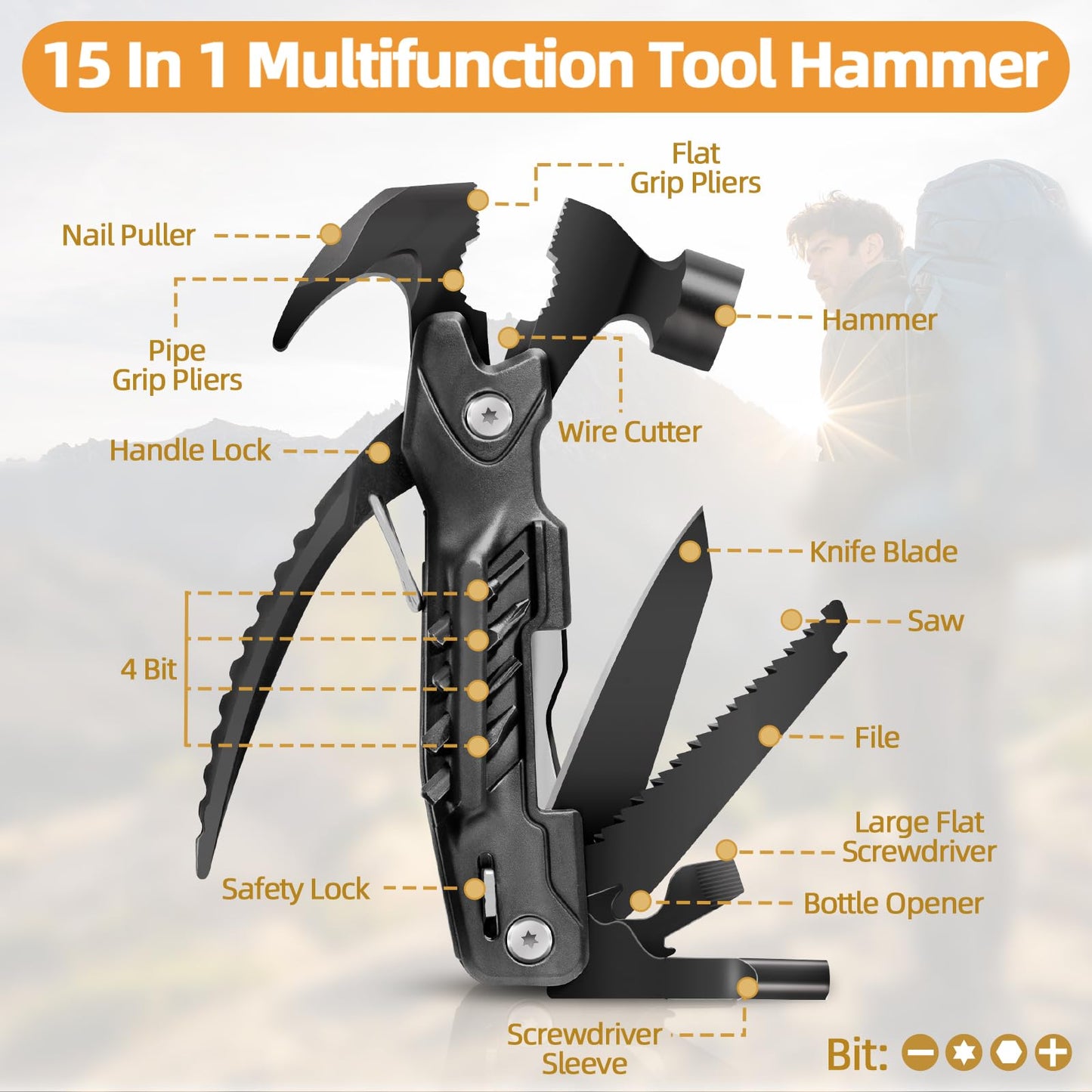 Gifts for Him, Hammer Multitool 15 in 1, Gifts for Men Boyfriend, Anniversary Birthday Fathers Valentines Gifts for Adults Dad Husband Grandpa, Outdoor Camping Accessories Survival Gear Cool Gadgets