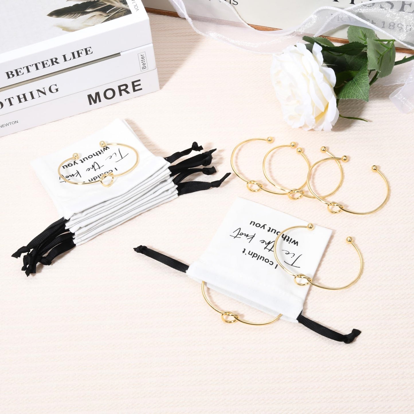 CEELGON 12 Pcs Jewelry Pouch Set of 6 Linen Cotton Small Drawstring Bags & Bridesmaid Knot Bracelet Jewelry Packaging Proposal Gift Bridal Party Favors (Gold)