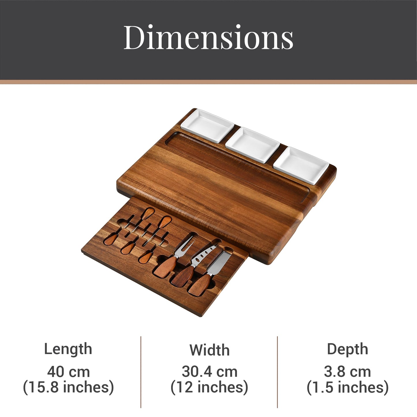 Shanik Large Acacia Wood Charcuterie Board Set with 3 Removable Ceramic Bowls & Serving Utensils - Housewarming, Wedding, Bridal Shower, Home and Kitchen, New Home Gift Ideas for Women, Gifts