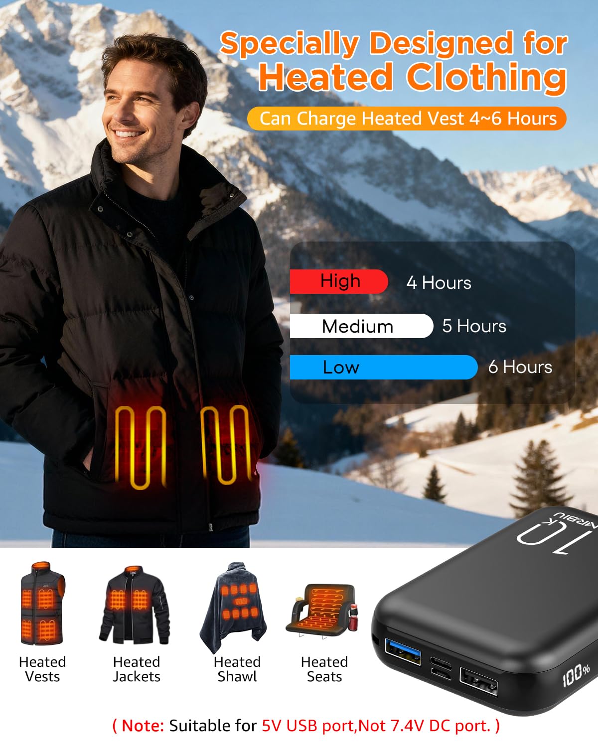 MRBIU 5v 2a Heated Vest Battery Pack, 10000mah LCD Display Power Bank for Heated Jacket,Heated Coat,Heated Clothing,Heated Pant,Heated Hoodie,USB Heated Blanket,Heated Seat/Chair.