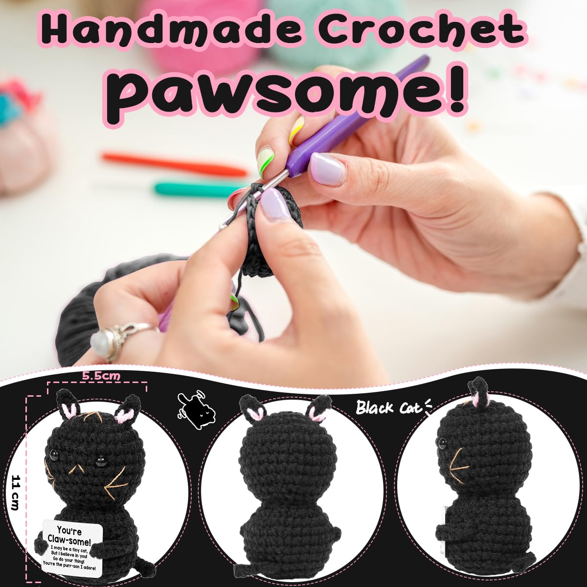 AICase Positive Black Cat Crochet Animals Emotional Support Nuggets Inspirational Knitted Unique Small Decorations Birthday Gifts for Women Men Her Him Sister Mom Dad Girls Boys Fans