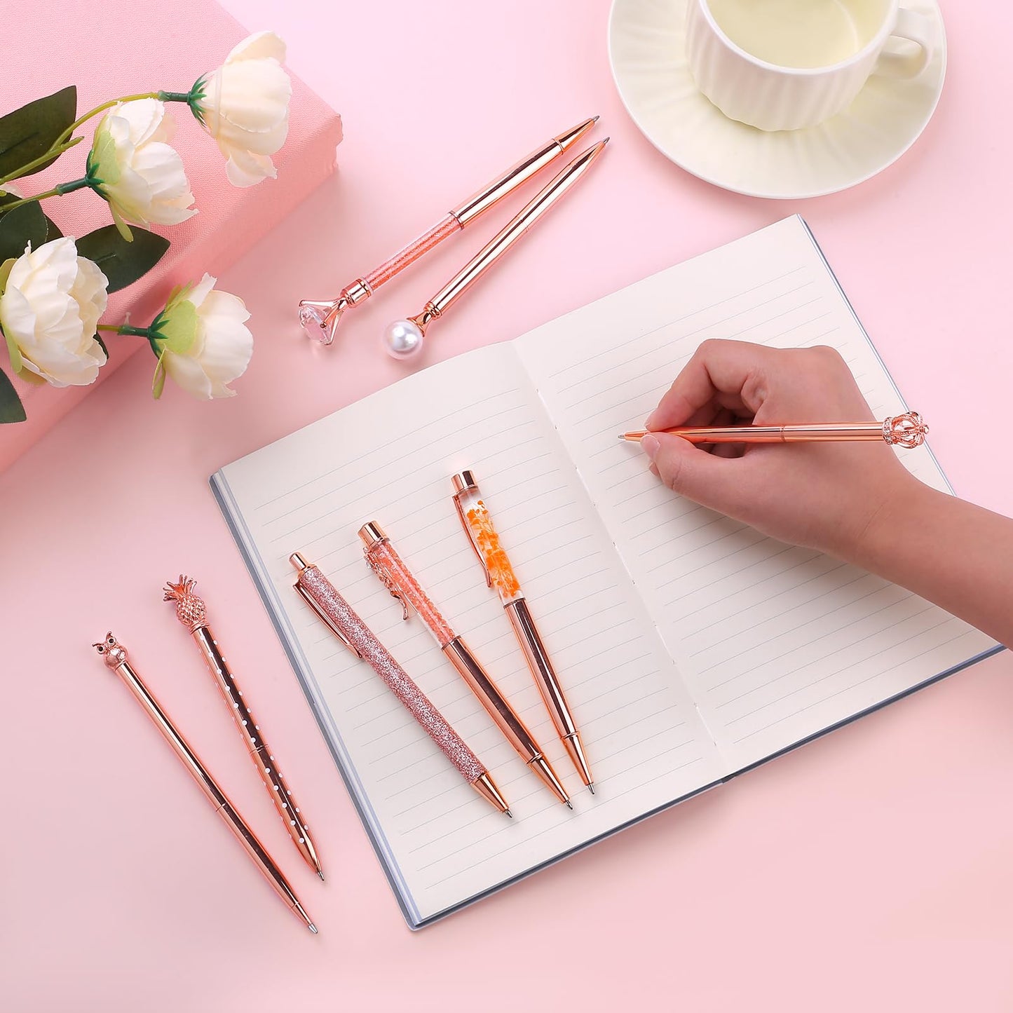 8 Pcs Rose Gold Ballpoint Pens Set, Handmade Crystal Pen Holder for Desk Black Ink Fancy Pens Liquid Sand Glitter Pens Bling Diamond Pens Gifts for Women Girls School Wedding Office Desk Supplies