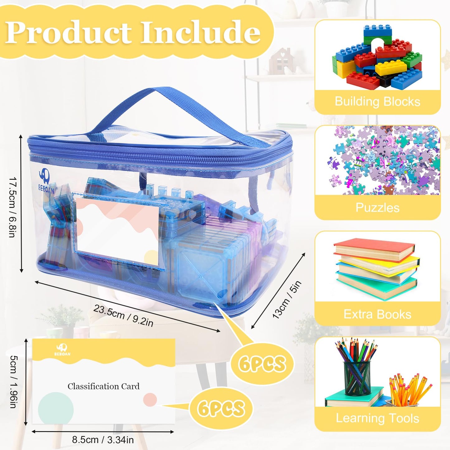 BEBOAN 6 Packs Storage Bags Organizer Jewelry Clothing Storage for Family Members, Travel Waterproof Container for Clutter and Other Little Items, Reusable Clear PVC Organizing Case Bags Blue