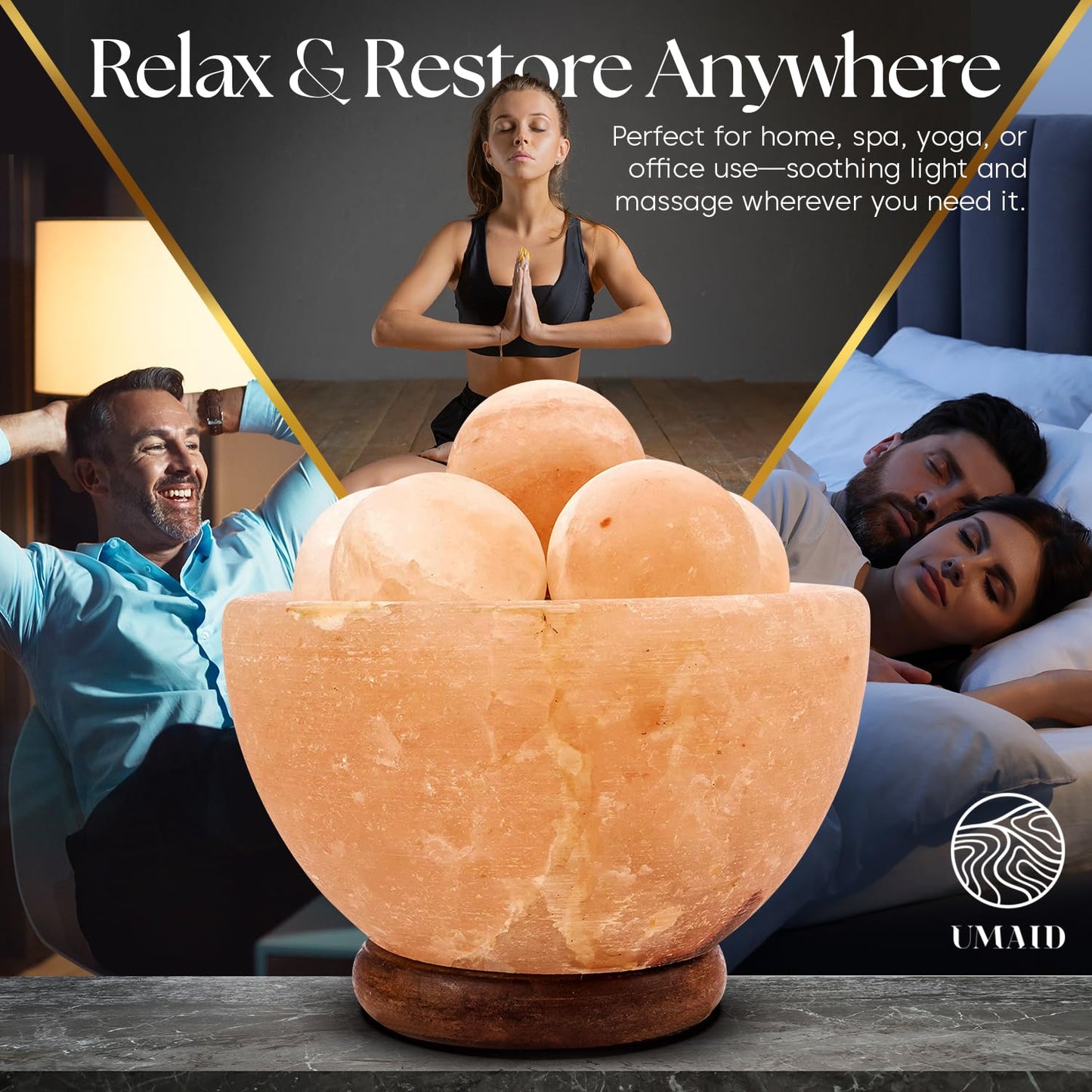 UMAID Himalayan Salt Lamp Bowl with 6 Massage Balls, Mothers Day Gifts for Mom, Dimmable Pink Rock Salt Lamp Light, Unique Home Decor for Bedroom, Spa Relaxation & Meditation