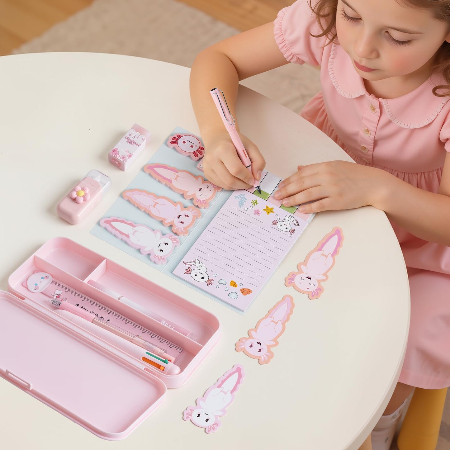 11 in 1 Pink Axolotl Stationery Gifts Set School Supplies for Kids, Kawaii Stationery Kit Axolotl Office Supplies with Pencil Case, Pens & Sticky Notes Set Correction Tape Ruler Utility Knife Cat Clip