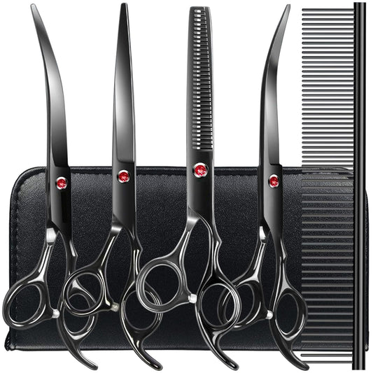 Professional Dog Grooming Scissors Kit Black 6 in 1, Dog Shears for Grooming 6CR Premium Stainless Steel Grooming Scissors Kit for Dogs Cat Pet
