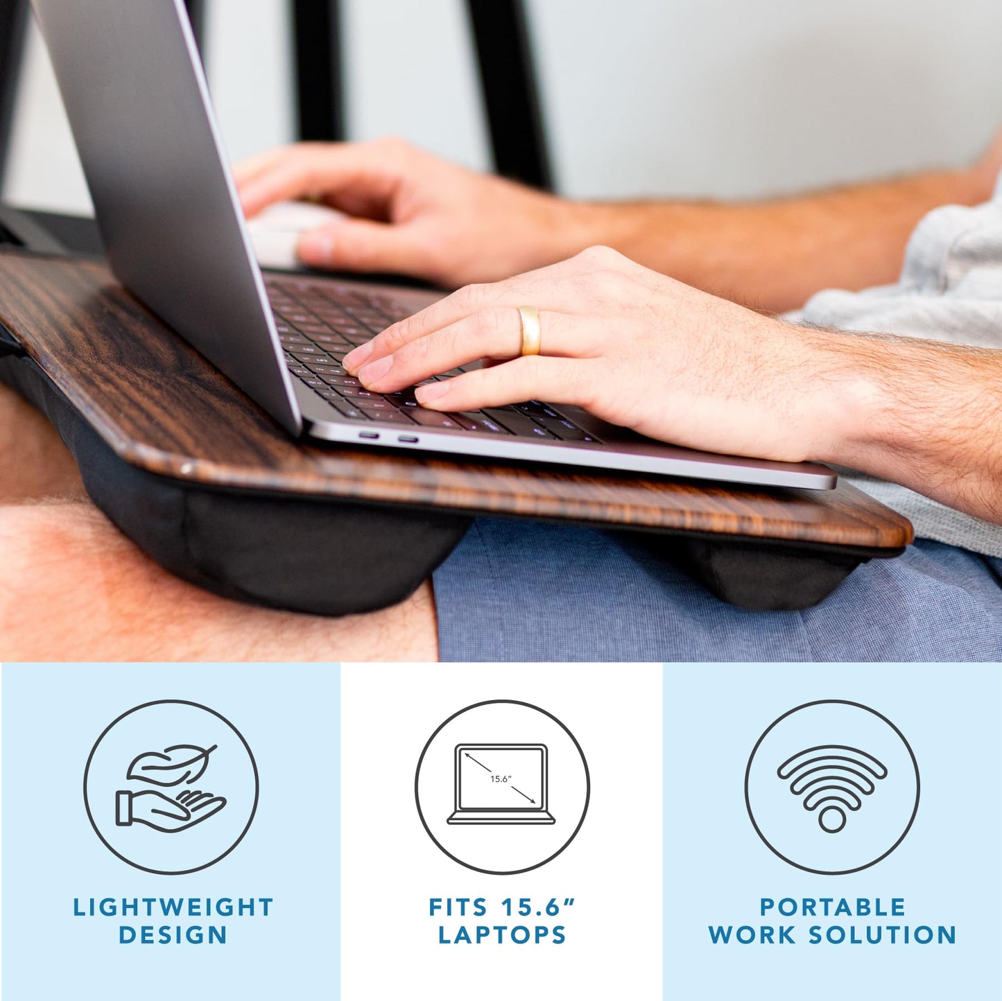 LAPGEAR Home Office Lap Desk with Device Ledge, Mouse Pad, and Phone Holder - Espresso Woodgrain - Fits up to 15.6 Inch Laptops - Style No. 91575