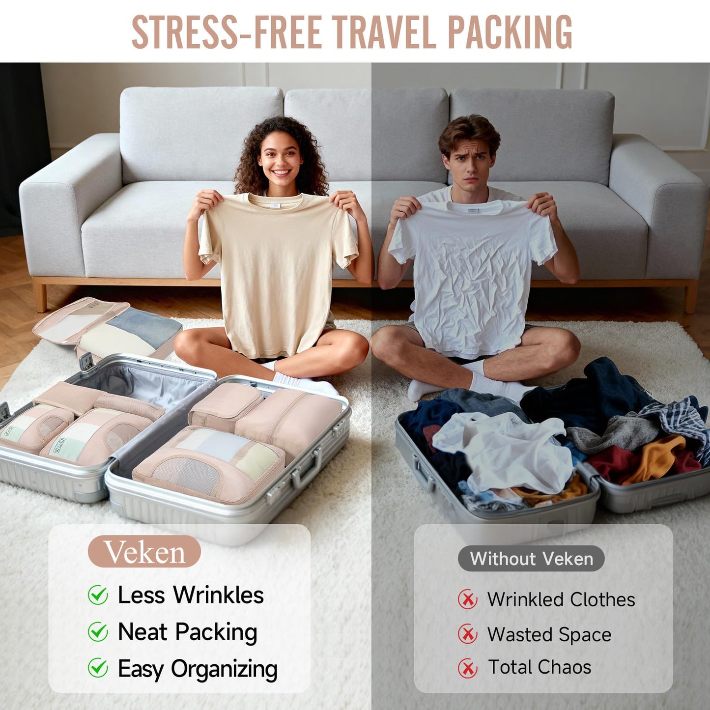 Veken 8 Set Packing Cubes, Cruise Ship Travel Essentials Accessories for Beach Vacation, Personalized Gifts for Women Mom Her, Suitcase Organizer Bags for Luggage with Hanging Toiletry Bag
