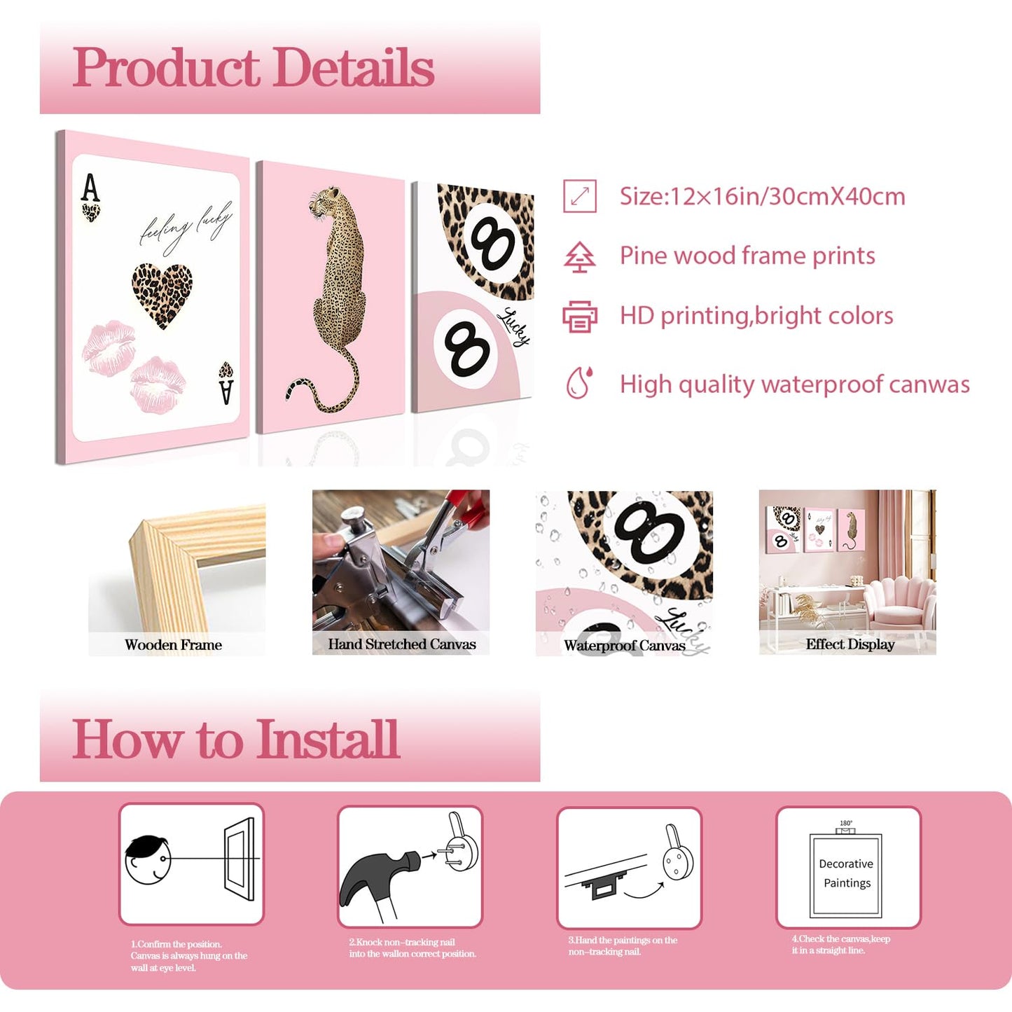 Trendy Leopard Canvas Wall Art Set of 3 - Pink Cheetah Prints Wall Decor Pictures, Funky Lucky You 8 Ball Poster Preppy Aesthetic Paintings, for Girls Bedroom Dorm Apartment 12x16 inch Framed