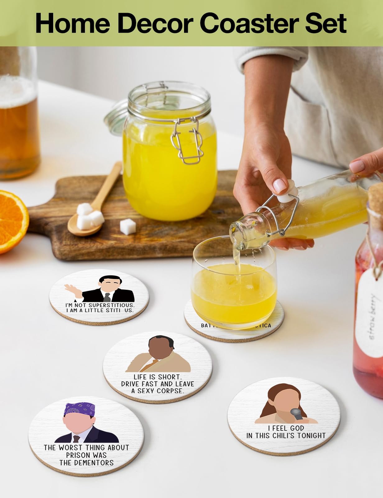 PWHINGN Funny The Office Themed Coasters for Drinks - New Girl Merchandise Coasters Set of 6 with Holder, New Girl Merch TV Show Gifts for Coffee Table, The Office Gifts for Man Women Fans