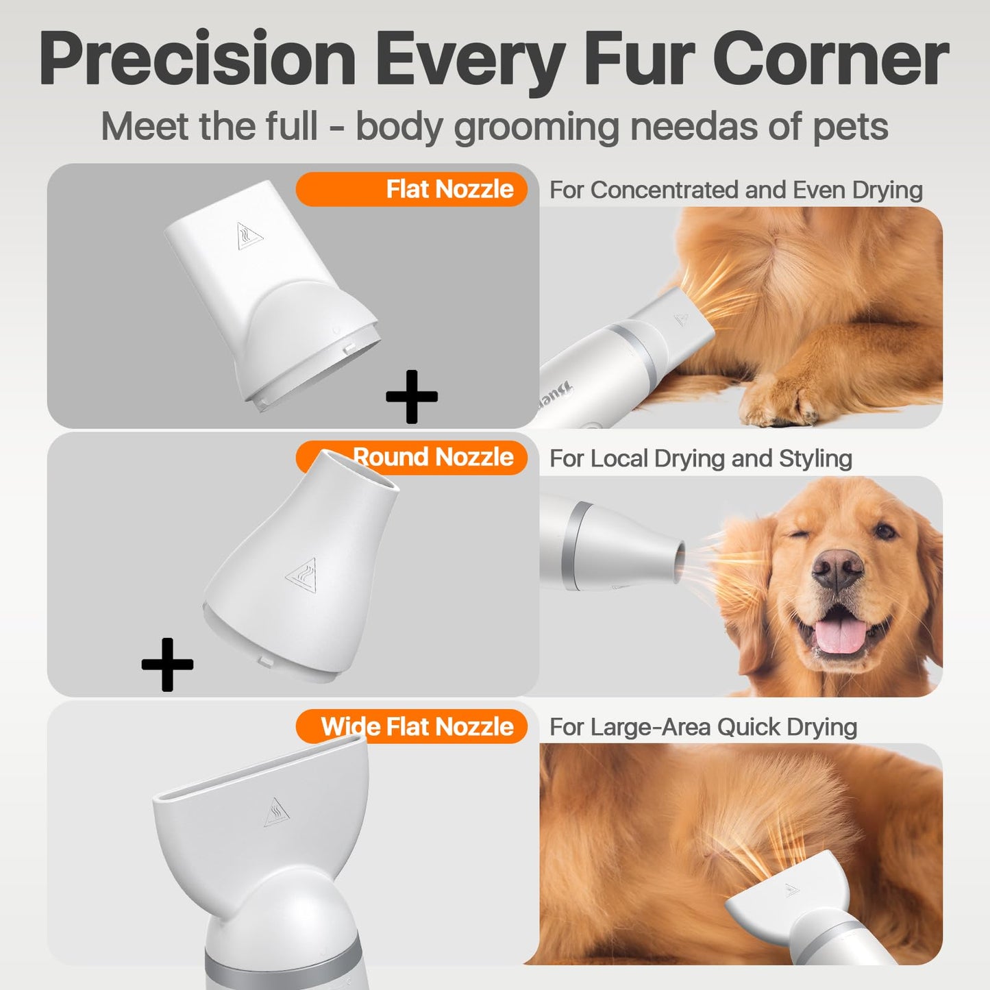 Dog Dryer Handheld Pet Hair Dryer, 3HP High-Velocity Blower with 3 Speeds & 4 Temps Lightweight, Quiet Design. Portable Blow for Travel & Home Grooming. Includes 3 Nozzles (White)