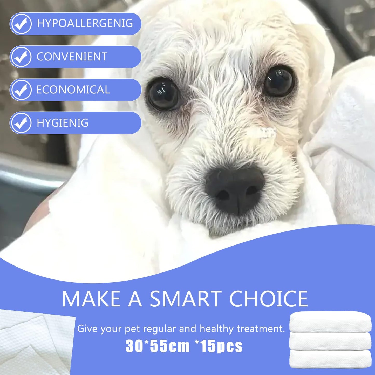 CHANHOO Disposable Pet Bath Towel,15 PCS Portable Pet Grooming Towels,11.8 x 21.6 inch Convenient Pet Cleaning Towel Pet Drying Towels,Absorbent Bath Towel for Small Dog Puppy Cat, White