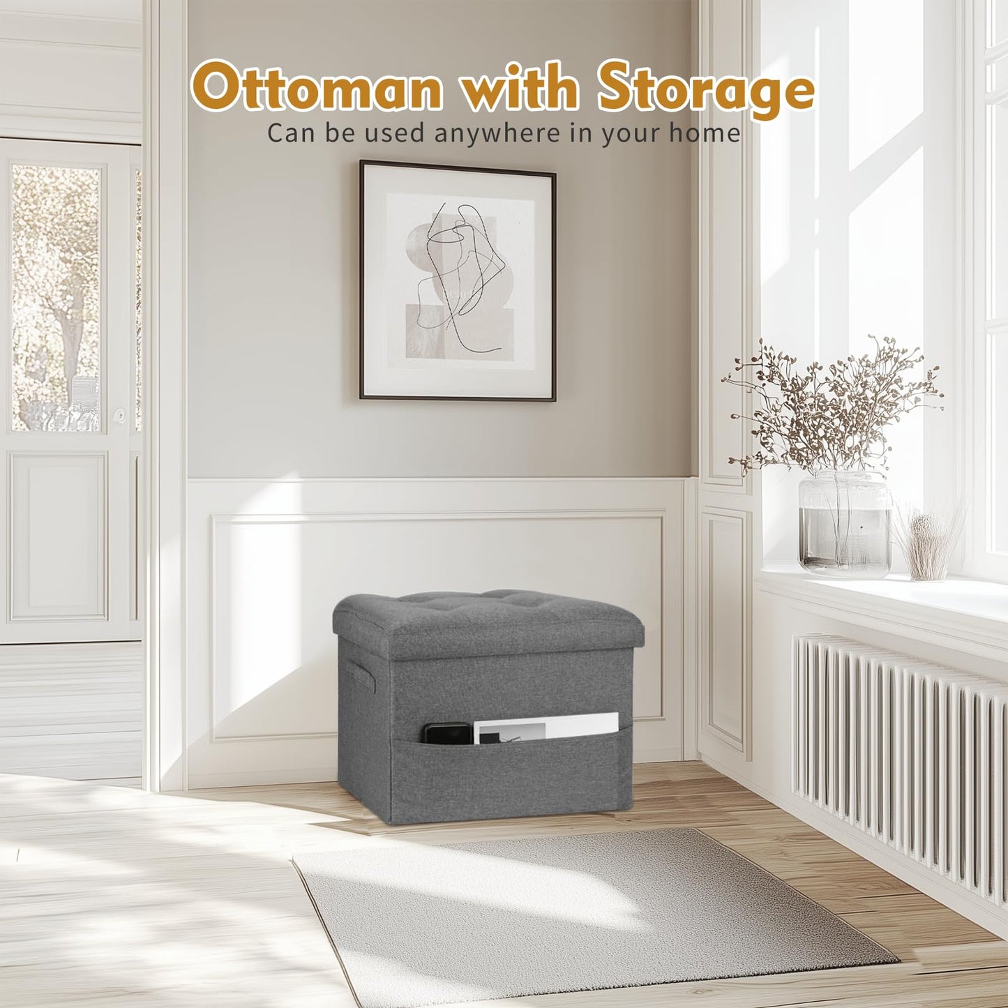 Storage Ottoman with Extra Thick Foam Padded Seat, Foldable Foot Rest Stool with Linen Fabric, 43L Ottoman with Storage Bench for Bedroom Living Room, Holds Up to 300lbs, 17x13x13in, Dark Gray