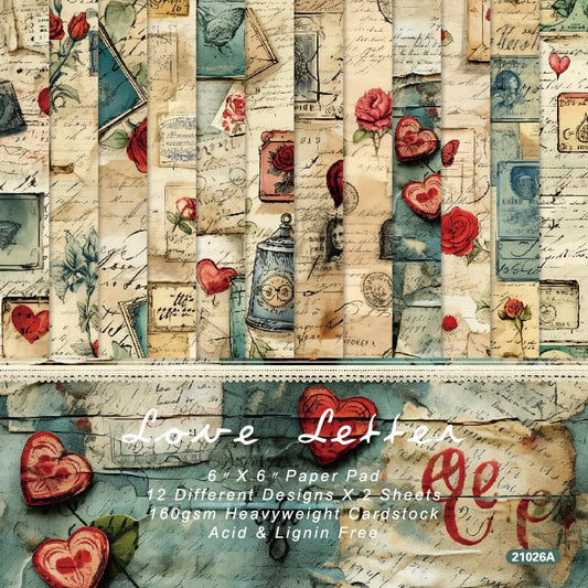 TOTUUYO Vintage Cardstock 6 x 6 Love Valentine's Day Theme 24 Sheets Scrapbook Paper Letter Text Mailbox Single-sided Print Flat for Card Making Origami DIY Junk Gifts Decor - 12 Designs (Pattern 15)