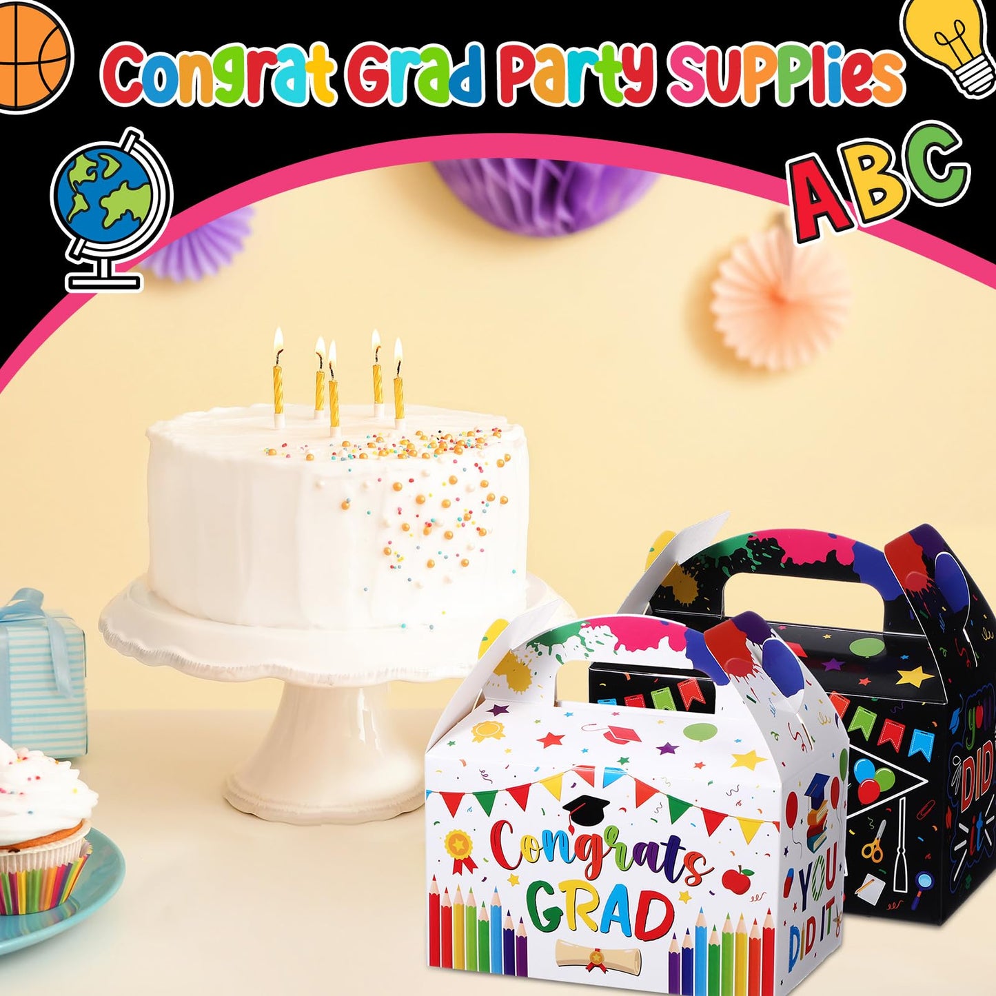 Tenceur 30 Pack Preschool Kindergarten Graduation Treat Boxes 2026 Congrats Grad Kindergarten Candy Goodie Cardboard Boxes with Handle for Kids Graduation Party Favors Gifts Bag