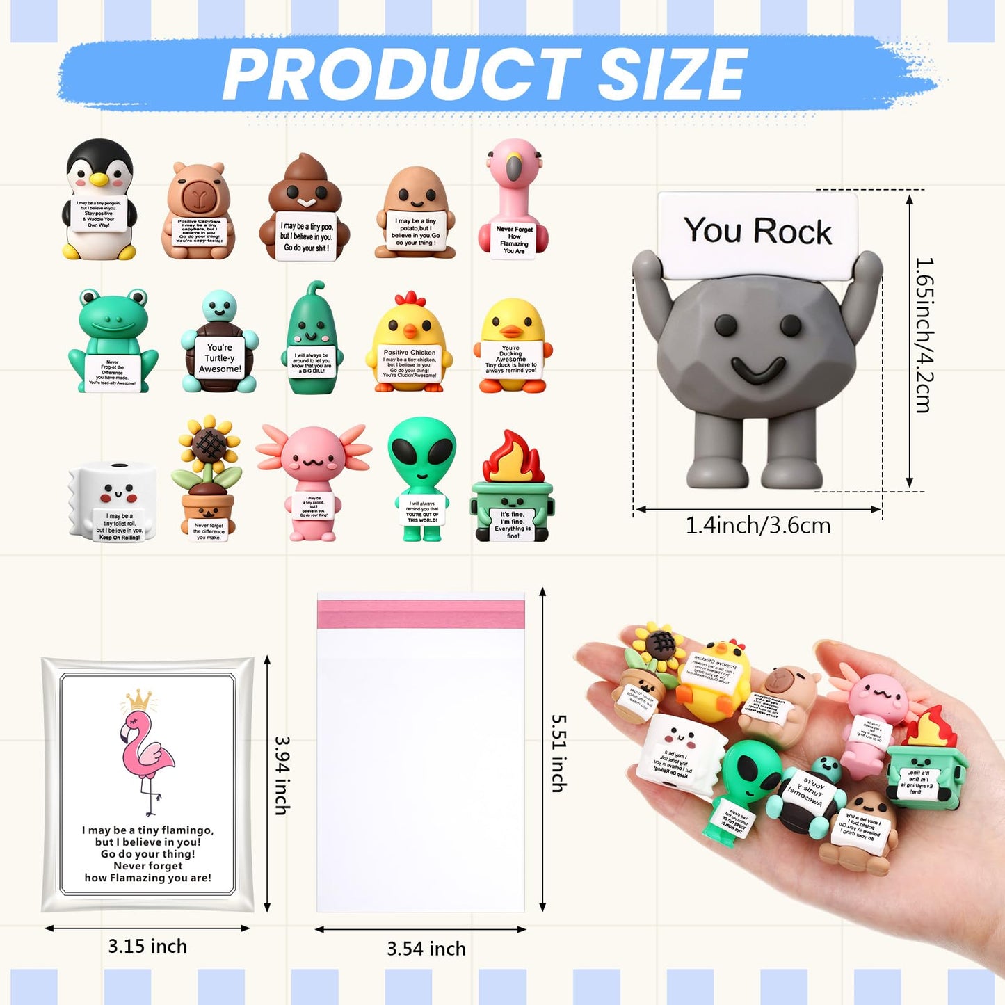 Gejoy 16 Sets Positive Mini Figures Gifts Mini Rubber Toy with Positive Card Bags Miniature Motivational Birthday Gifts to Hide and Seek Encouragement Decorations for Staff Employees Colleague
