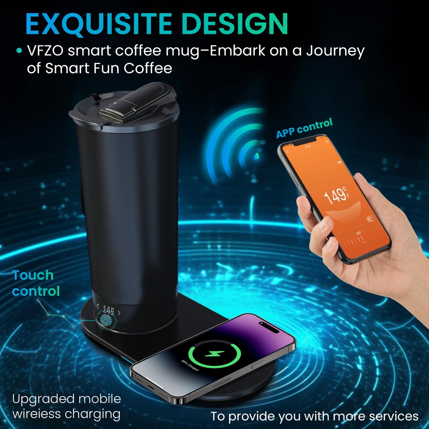 VFZO Temperature Control Heated Travel Mug Smart Self Heating Coffee Mug 20 Oz App Controlled LED Display Coffee Serving Sets Mug Kept at a Constant Temperature for 4-10 Hours (Grey, 20 oz)