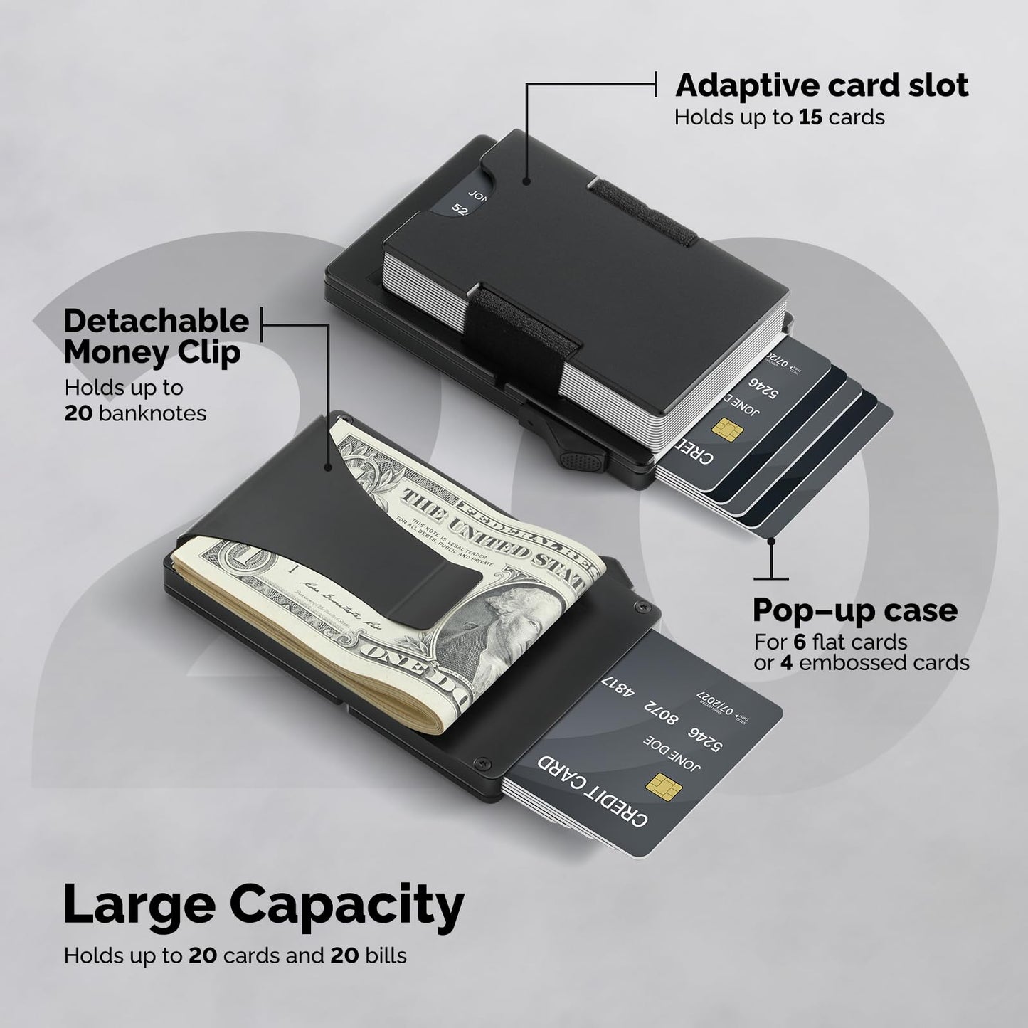 Slimwalt Wallet for Men with Money Clip - Holds 10-20 Cards, RFID Blocking Card Holder Wallets with Smart Card Slot, Minimalist Mens Wallet, Metal Pop Up Wallet, Gifts for Men Black