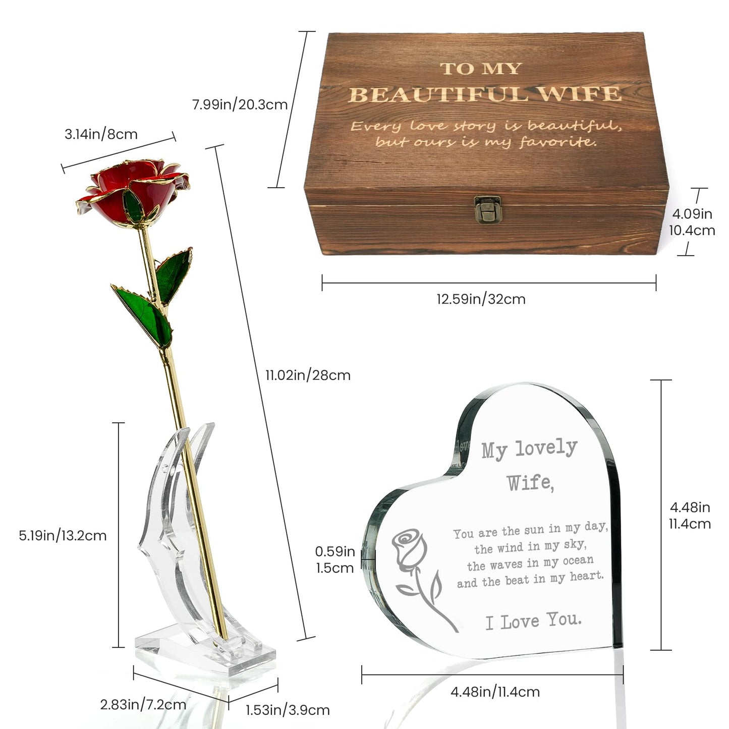 Zyphlux Anniversary|Birthday Gifts for Wife-Engraved Wooden Set'To My Wife' with Crystal Heart & 24k Gold Dipped Rose from Husband -Romantic Valentines Gifts Ideas for Her