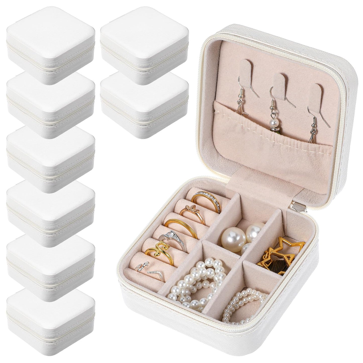 Kifmurase 8PCS Travel Jewelry Case, Small Portable Bridesmaid Jewelry Gift Box, PU Leather Jewelrys Case Organizer Storage for Rings Earrings Necklaces, Women Girls Bridesmaid Proposal Gifts(Beige)