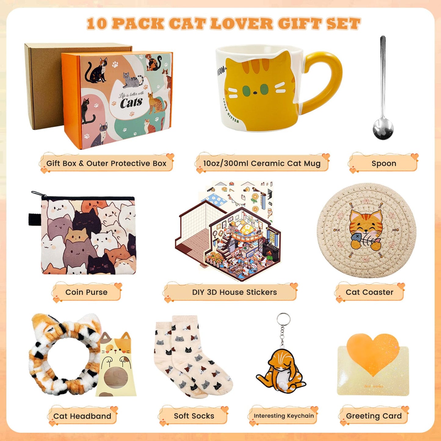 SNAIL GARDEN 10PCS Cat Gifts for Cat Lovers, Cat Gifts for Women with Ceramic Mug, Coaster, Coin Purse, Headband, Keychain, Socks, 3D Miniature Sticker, Cat Mini Box, Greeting Card & Gift Box