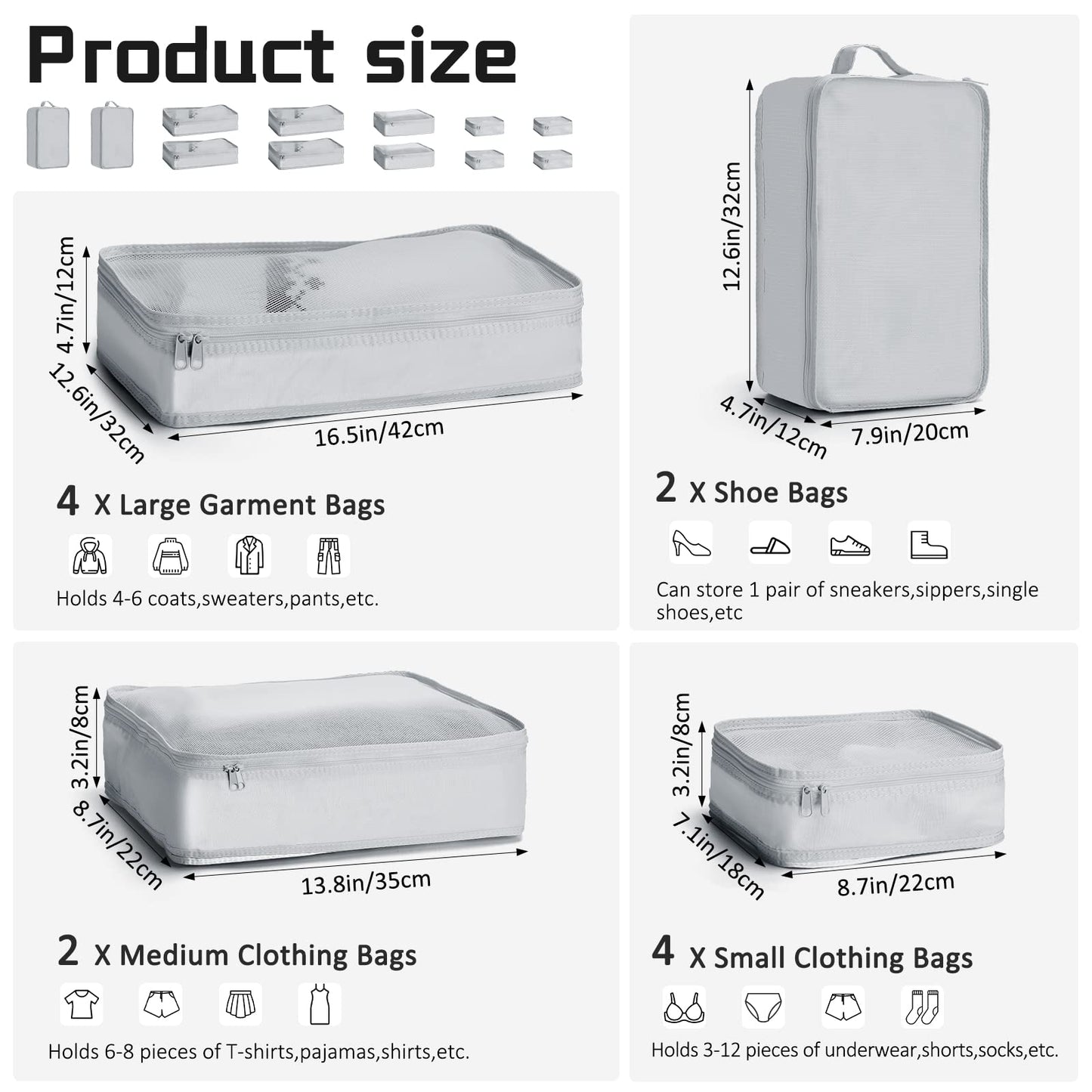 Reginary 2 Packs 6 Set Travel Packing Cubes Luggage Organizer Set Lightweight Suitcase with Shoe Bag for Clothes Toiletries (Gray)